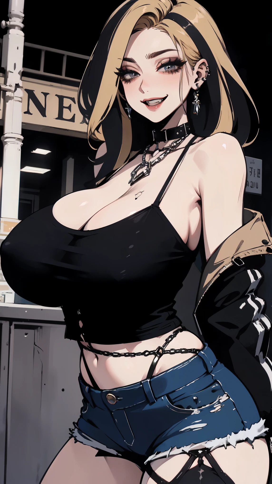 ((sagging breasts,mature female,huge breasts, gigantic breasts)),solo,grin,cowboy shot,gyaru,((nagatiti)),eyeshadow,lip,Shiny eyelashes,blonde hair, ((two-tone hair)),piercing, drill hair,((bare forehead)),Damaged denim Shorts,new york street, denim jacket, white tube top,