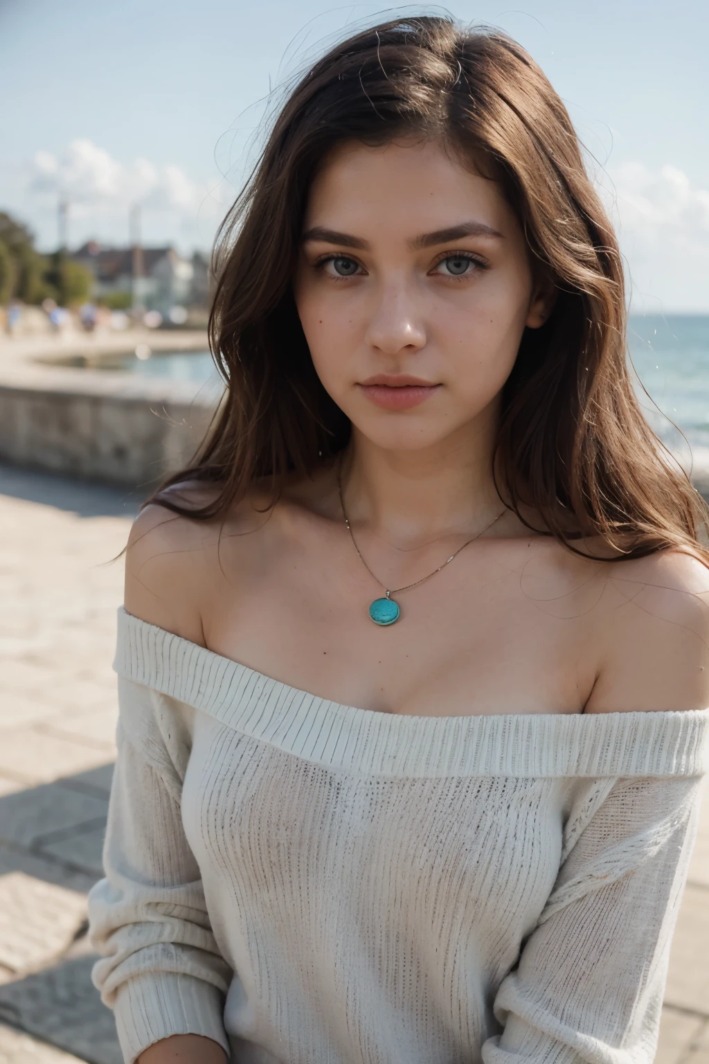 I am a super hot girl, perfect face, long hair, blonde, ocean color eyes, a necklace, age 20, solo, sexy, very realistic, off shoulder, sweater, bare shoulder,