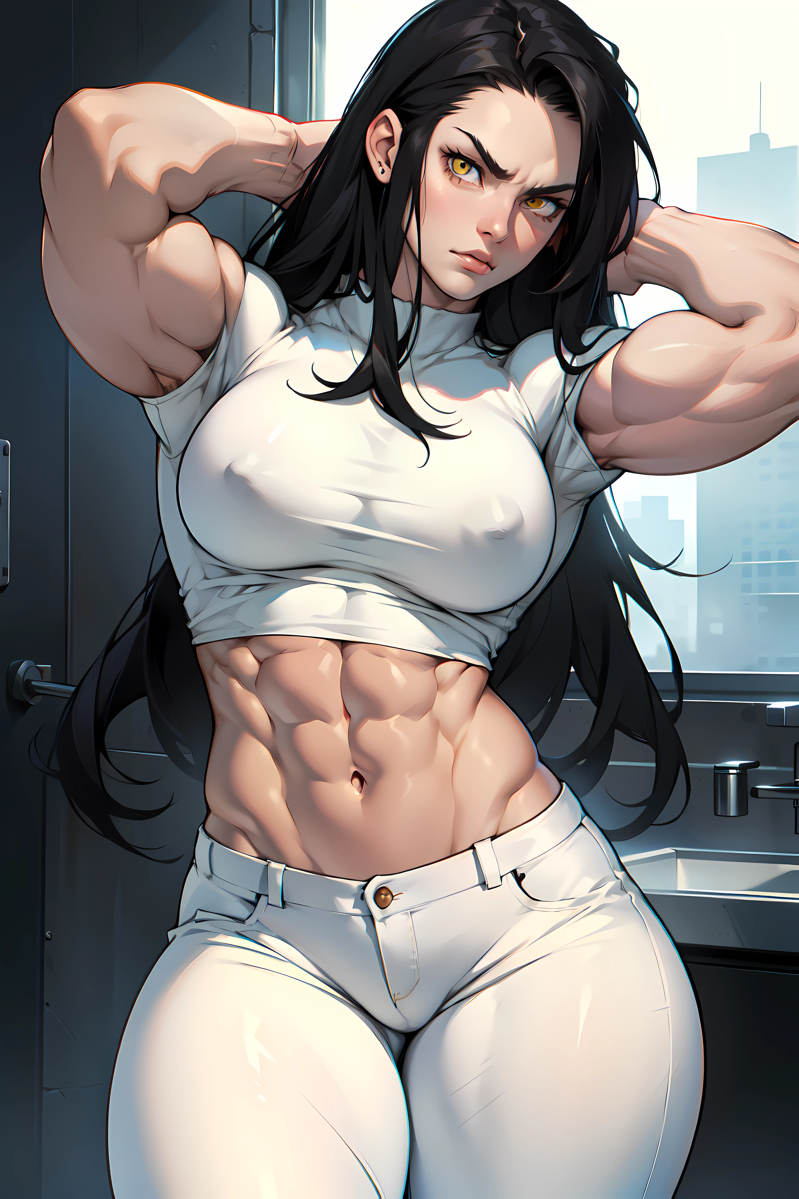 (tight pants tight shirt) angry pale skin black hair very long hair yellow eyes ((((1girl muscular)))) (thick thighs large breasts) long abs