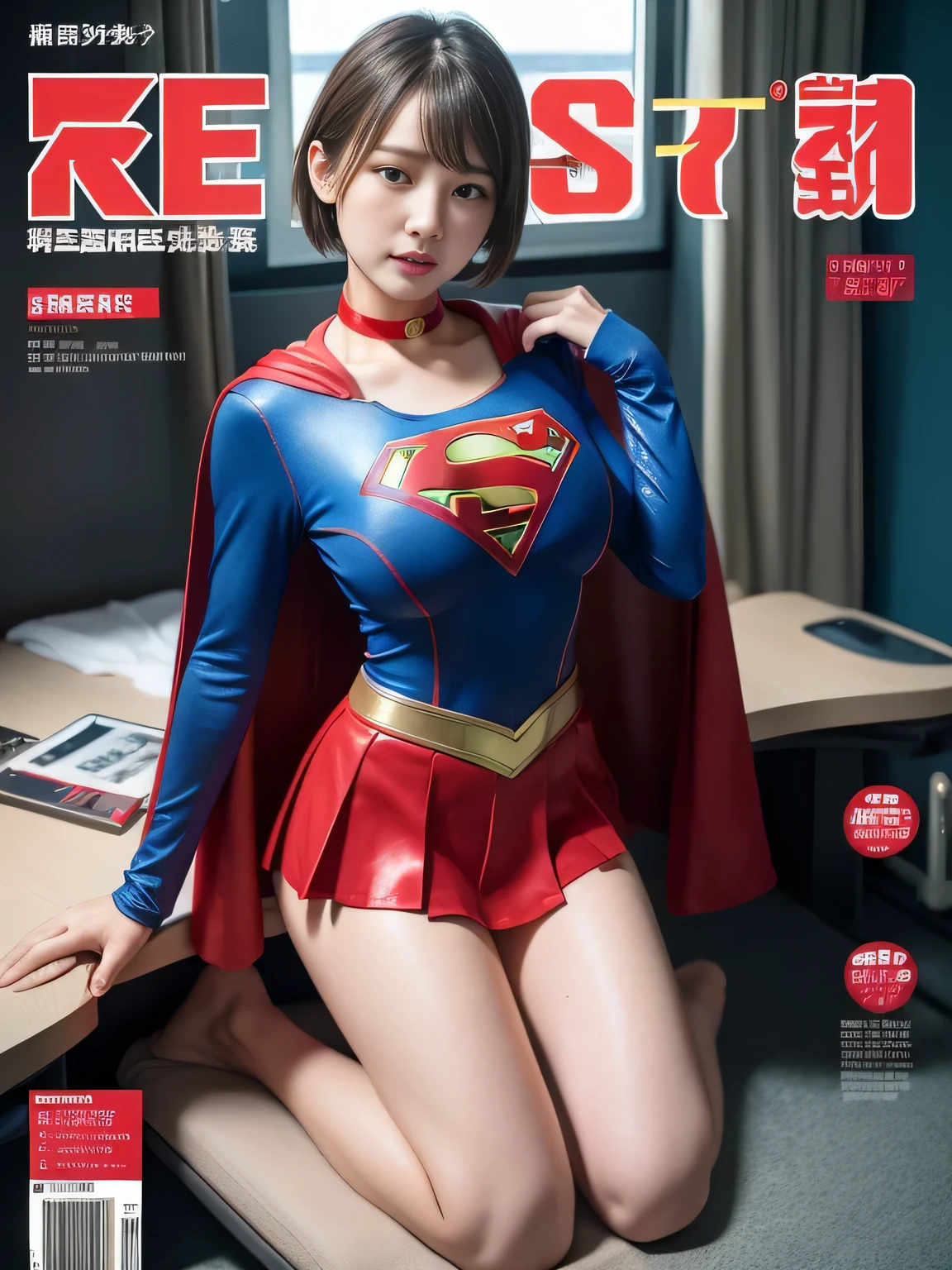 masterpiece,supergirl costume, short hair, barefoot, big and full breasts,operating room、operating table、straddle、Sweat、shiny、look at the camera、provocation、Estrus、choker、Weekly magazine cover、long sleeve、red mini skirt、obscene pose、Seduce