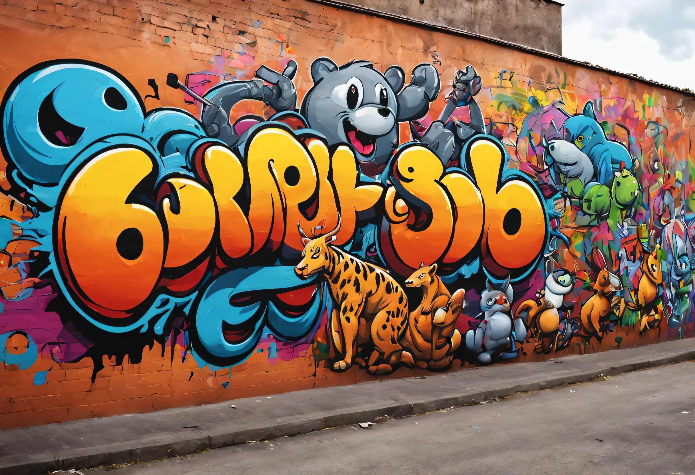 doodle cartoon, Hip-hop style cartoon graffiti spray painted on the wall, cool main character graffiti, colorful, street art, (Best configuration), (masterpiece), (highest quality), (Ultra high detail)