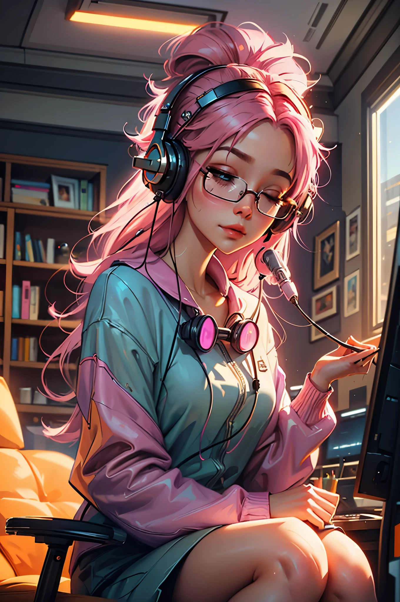 Make an oil painting of adorable female streamer sitting at her computer with her eyes closed, wearing headphones, has pink hair, librarian style glasses by James Christensen, awwChang, CGSociety, Illumination, Pixar, super crisp high fidelity, sunny day background