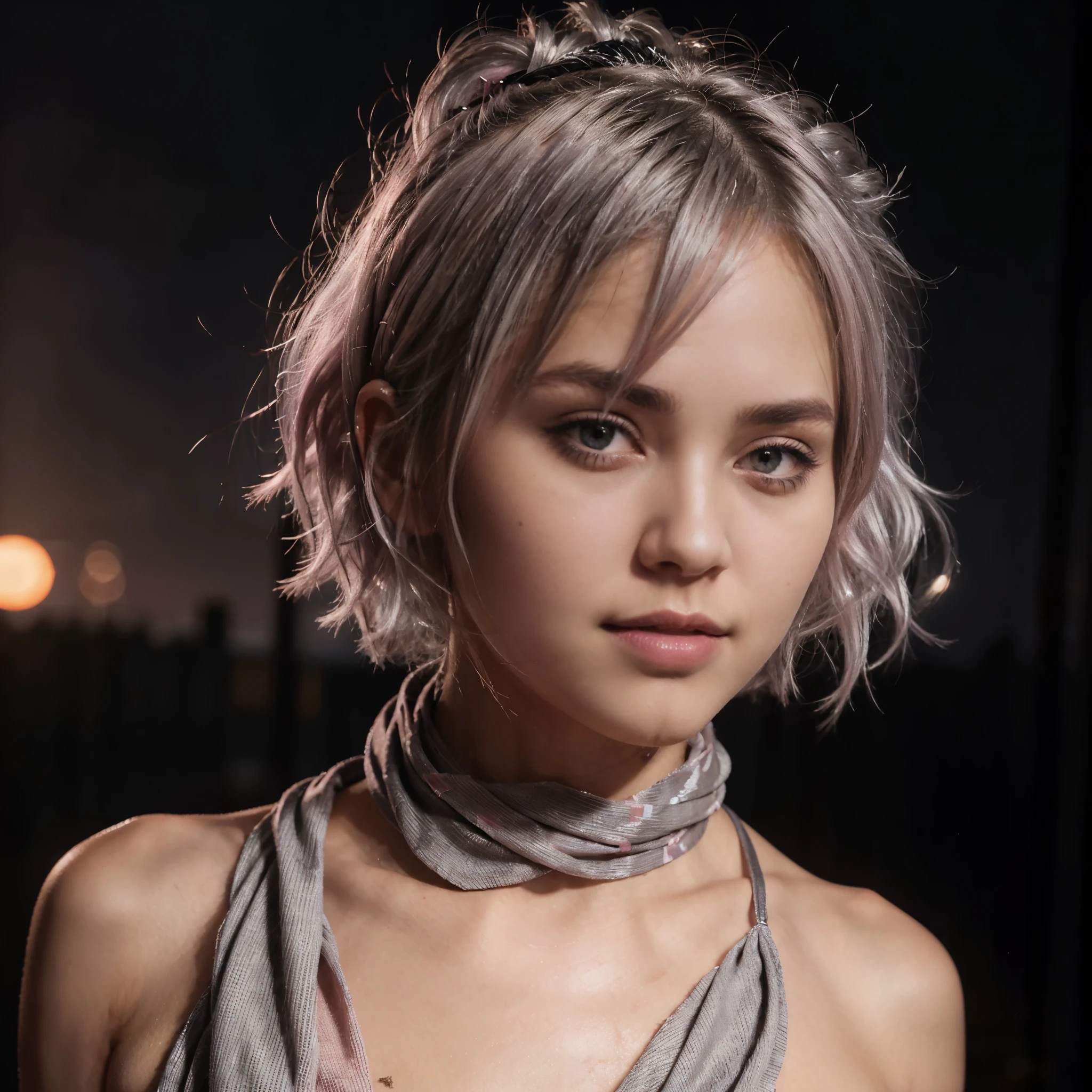 Girl in 30s, a little dirt on face, lips closed, short messy hair, silver hair, pink streak of hair, side pose, looking at viewer, wearing choker, black background, sunset glow on body, close up shot, long wavy scarf wrapped in neck