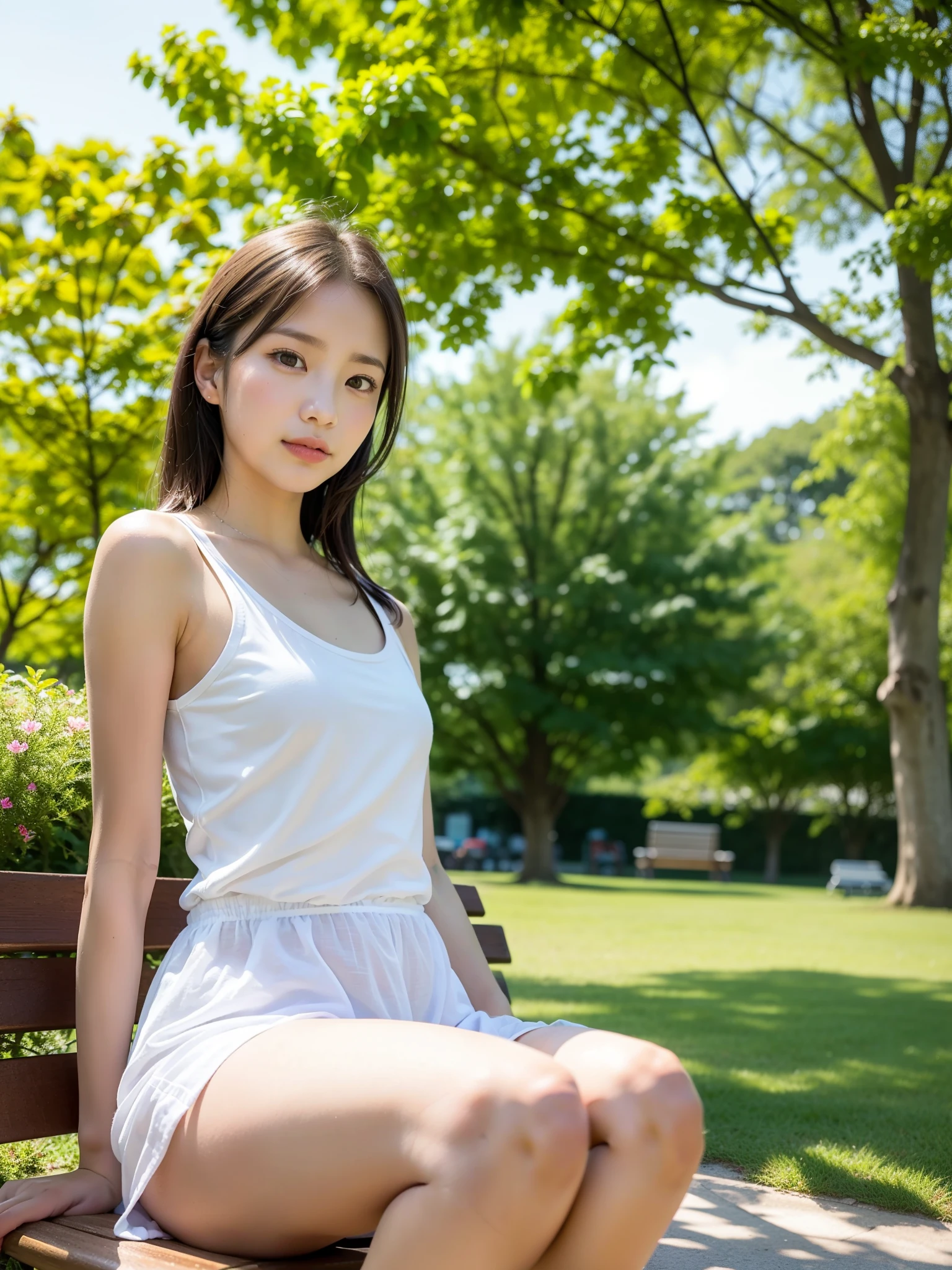 Top Quality, Ultra High Resolution, (Photoreal: 1.4), Light Smile, Looking at the Camera, Full Body, White Off-Shoulder, Skin Exposed Lot, Black Mini Skirt, Beautiful Legs, Sitting on a Bench, Low Angle from Front: 1.2, Bold Open Legs: 1.4, Flipped Skirt, Beige Pantyhose, (See-through White Panties Visible from Crotch: 1.8), Crotch Focus: 1.2, Sunny, River, (cherry blossoms), blue sky, strong sunlight