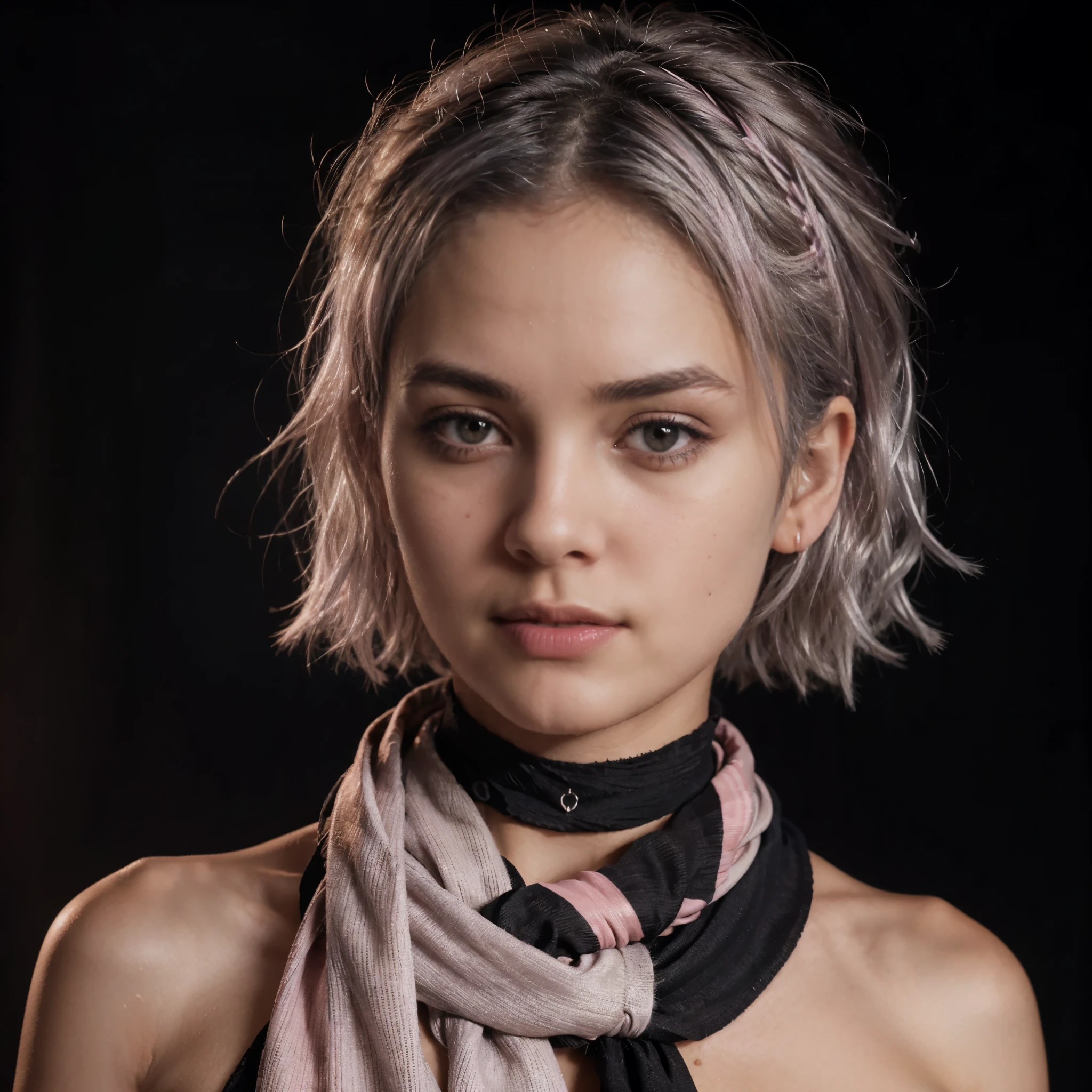 Girl in 30s, a little dirt on face, lips closed, short messy hair, silver hair, pink streak of hair, side pose, looking at viewer, wearing choker, black background, sunset glow on body, close up shot, long wavy scarf wrapped in neck