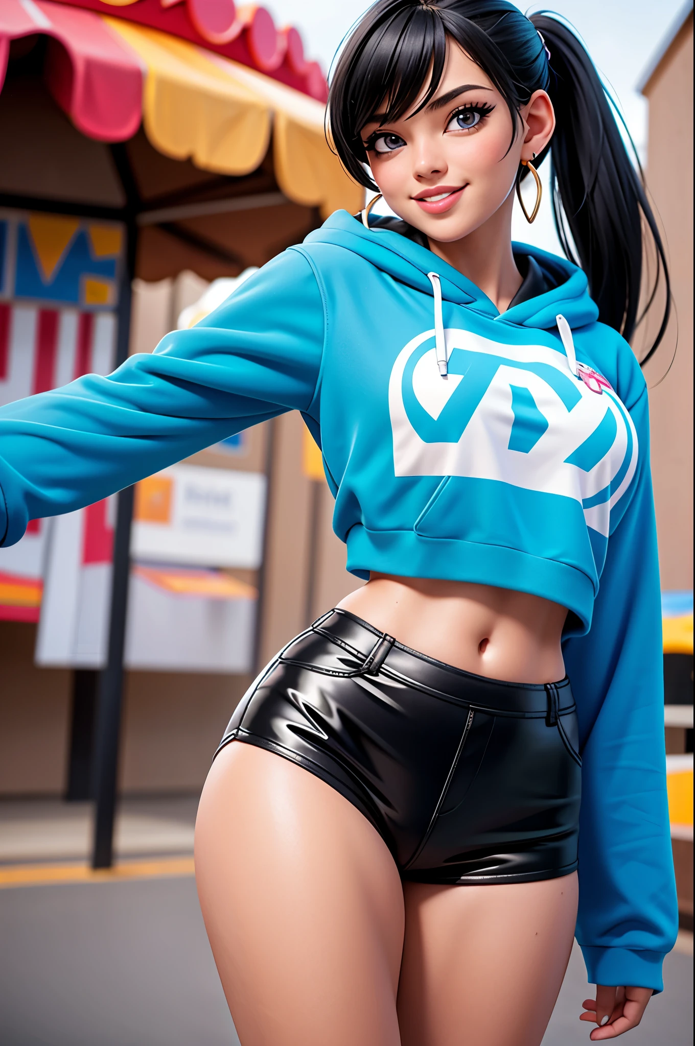 Woman, age 20 years, Ponytail, They are smiling, crop top hoodie, (Masterpiece, Best quality, High Resolutions), latex short shorts, black hair, blue eyes, at a carnival