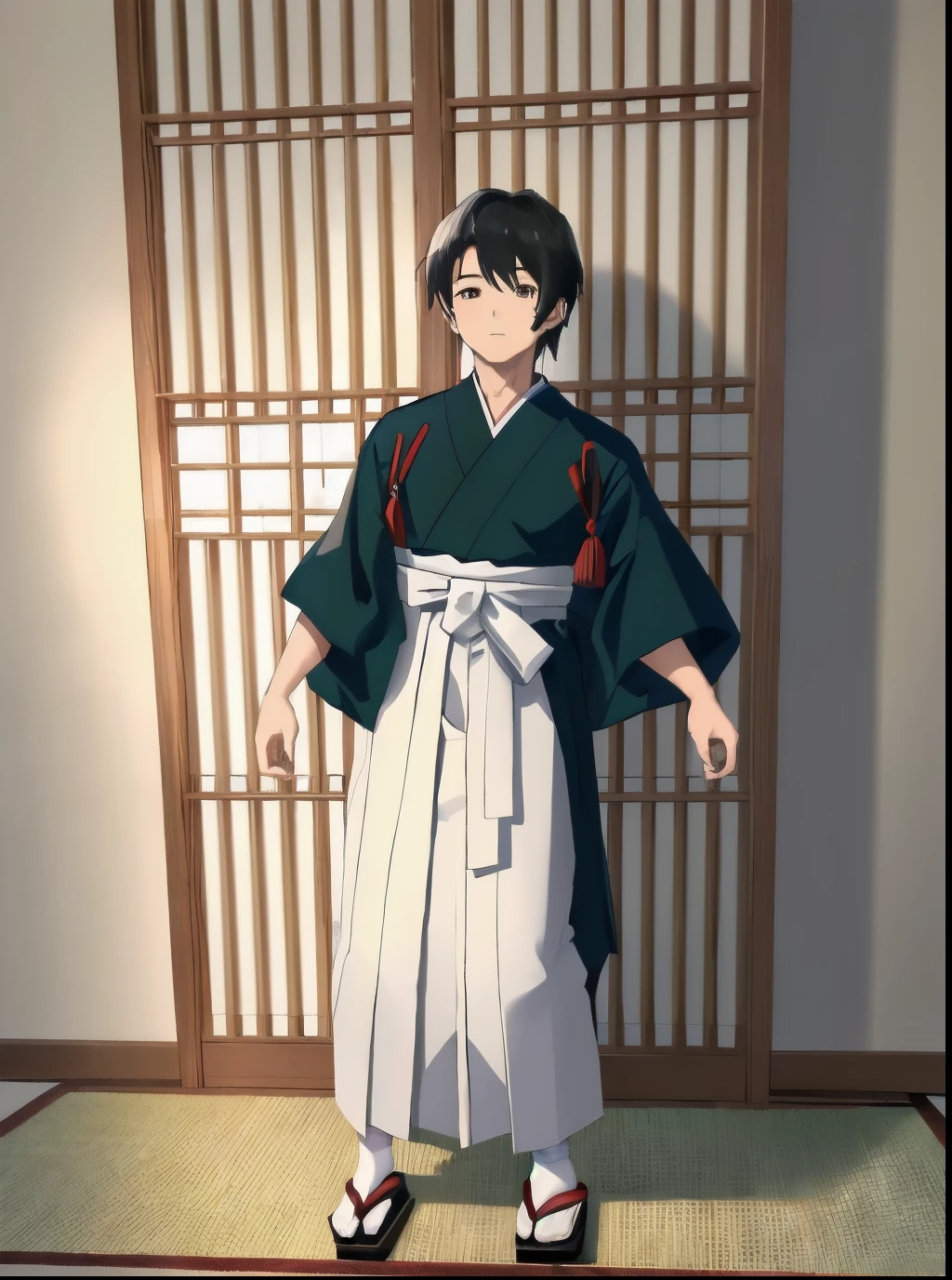 ((highest quality)), ((masterpiece)), (be familiar with), whole body, Are standing, めちゃくちゃbe familiar with, highest quality, juvenile, young man, Hakama, wearing tabi socks, Wearing geta, black hair, perfectly symmetrical face, highly detailed eyes, perfect hand shape, perfect foot shape, Perfect body balance,