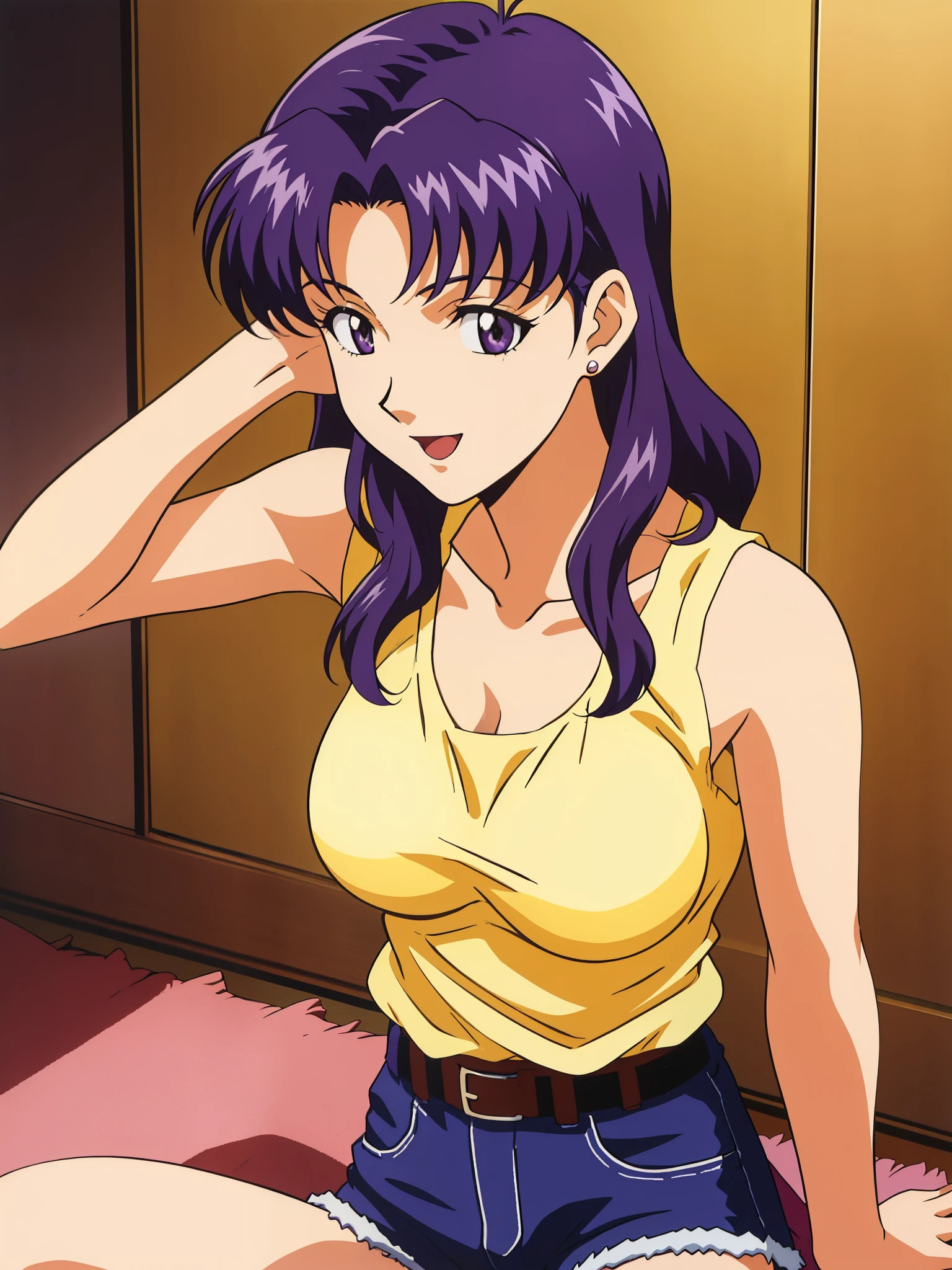 ((Katsuragi Castle_Misato wearing a yellow tank top)), wearing micro shorts, pose for a photo in the apartment, Moderate_tits, purple hair, (analog quality:0.6), (film grain:0.8)