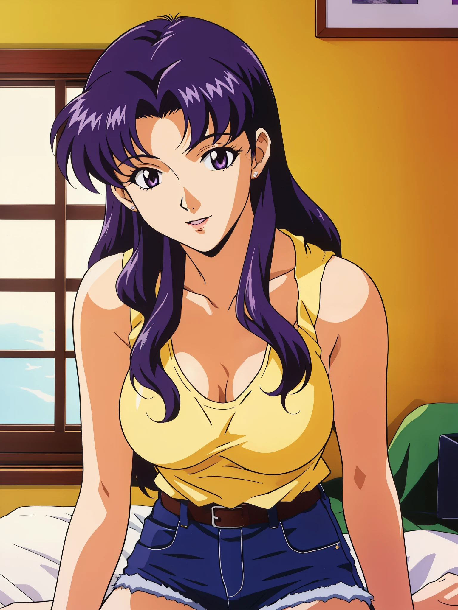 ((Katsuragi Castle_Misato wearing a yellow tank top)), wearing micro shorts, pose for a photo in the apartment, Moderate_tits, purple hair, (analog quality:0.6), (film grain:0.8)