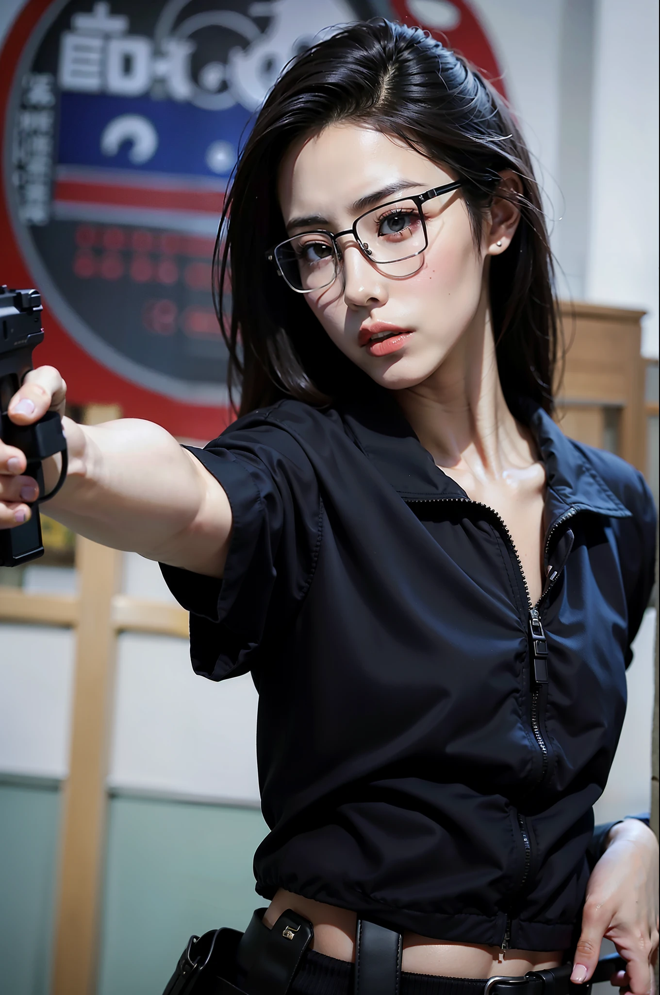 hay una mujer con una pistola en la mano, dilraba dilmurat, con pistola, wenfei ye, Pose de tiro, li zixin, wei wang, xisionwu, chen xintong, in the style of sifu 🔥 😎 🕹️ 👀 :2, con rifle, female spy, jinyiwei, qifenglin