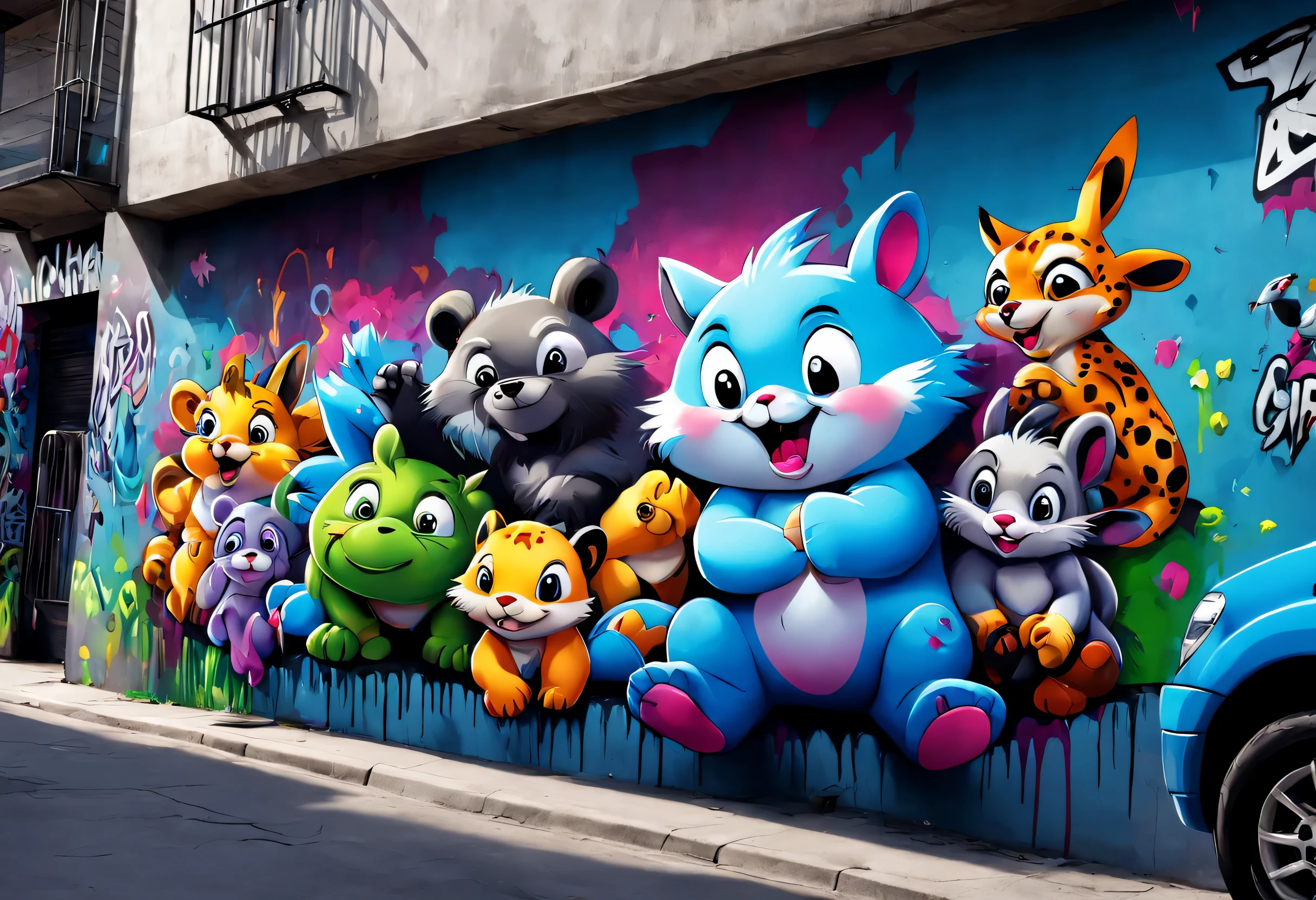 doodle cartoon, Hip-hop style cartoon graffiti spray painted on the wall, cool main character graffiti, colorful, street art, (Best configuration), (masterpiece), (highest quality), (Ultra high detail)