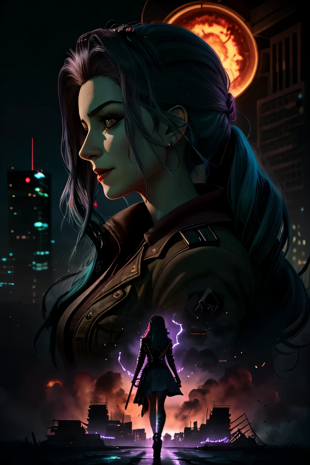 ((melhor qualidade)), ((obra de arte)), (altamente detalhado:1.3), 3D, estilo arcano,In the dark and gritty dystopian city of Piltover, Plagued by violence and divided into two opposing factions, a young prodigy named Jinx emerges. Having endured unimaginable loss and abandonment, She embraced a life of chaos and destruction. Conhecida por suas habilidades inventivas e explosivas, Jinx becomes an icon of rebellion against the oppressive forces that control the city. NO ENTANTO, Haunted by guilt and battling inner demons, She must confront her past and decide whether to continue on the path of anarchy or seek redemption amidst the turmoil. Explore Jinx&#39;s journey as she navigates a treacherous world, fighting for survival, desvendando segredos, and discovering the true meaning of your twisted existence, o caos reina supremo, and at the center of it all is Jinx, the personification of unpredictability. Mergulhe fundo na mente distorcida de Jinx, exploring the origins of his madness and the driving force behind his destructive nature. Desvende os momentos que a moldaram na loucura, iconic character we know. Take us on a wild journey through the vibrant streets of Piltover and the gloomy suburb of Zaun as Jinx wreaks havoc with her explosive arsenal. Redemption could come to Jinx&#39;s fractured soul?? Or she will forever dance on the edge of sanity, embracing the chaos that fuels your very existence? Arcane&#39;s fate hangs in the balance as Jinx&#39;s path intertwines with unlikely allies and formidable enemies. Ignite your imagination and paint a vivid portrait of Jinx&#39;s twisted psyche, capturing the essence of her madness and the indomitable spirit that defines her, hdr (high-range dynamics), rastreamento de raios, NVIDIA RTX, Super-resolution, Irreal 5, Subsurface Dispersion, PBR texturing, Post-processing, Anisotropic filtering, profundidade de campo, Maximum clarity and sharpness, Muitas Texturas