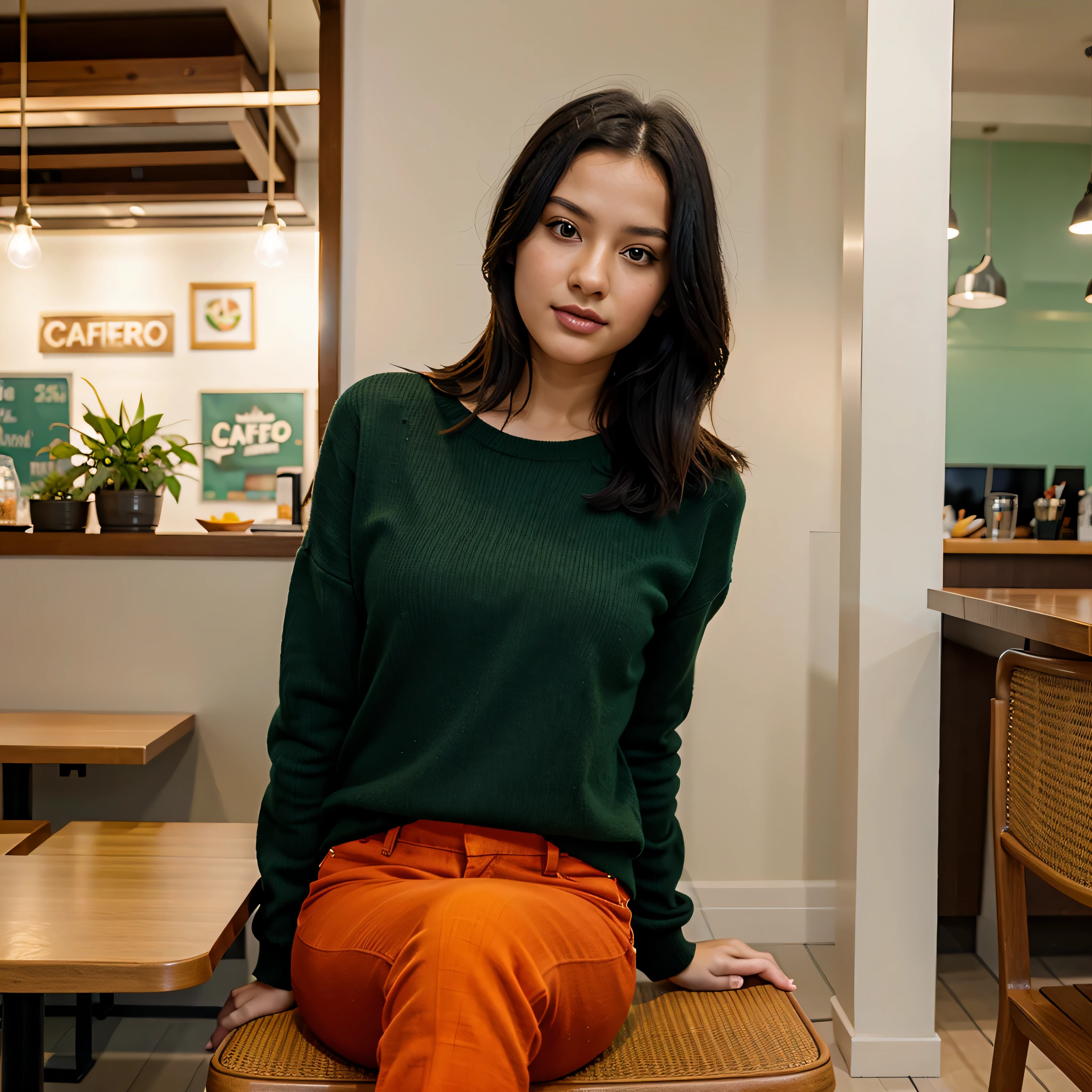 ultra realistic, full body,looking at the viewer, sitting in cafe,black hair,green sweater,orange pants, attractive girl, Brazilian