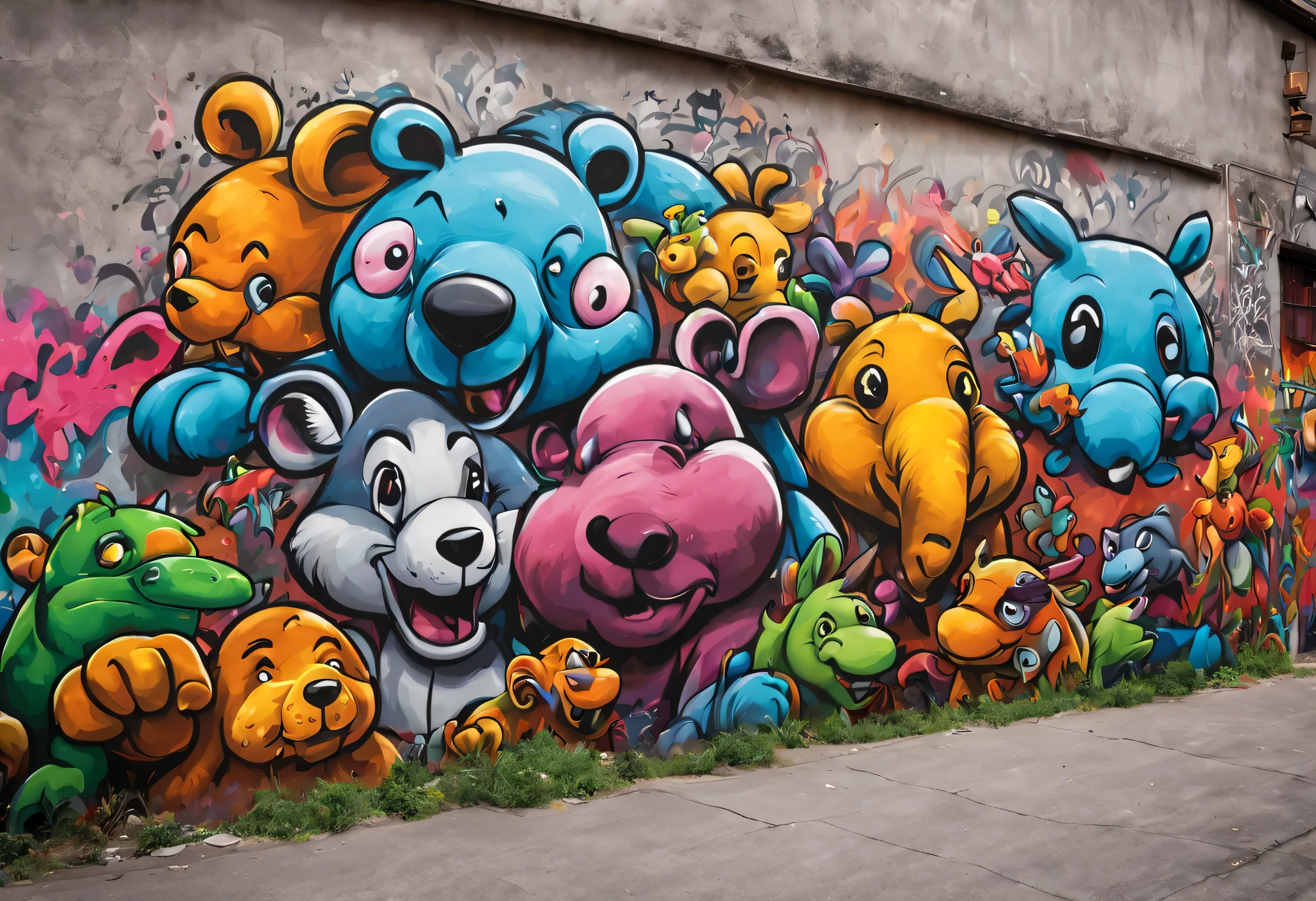 doodle cartoon, Hip-hop style cartoon graffiti spray painted on the wall, cool main character graffiti, colorful, street art, (Best configuration), (masterpiece), (highest quality), (Ultra high detail)