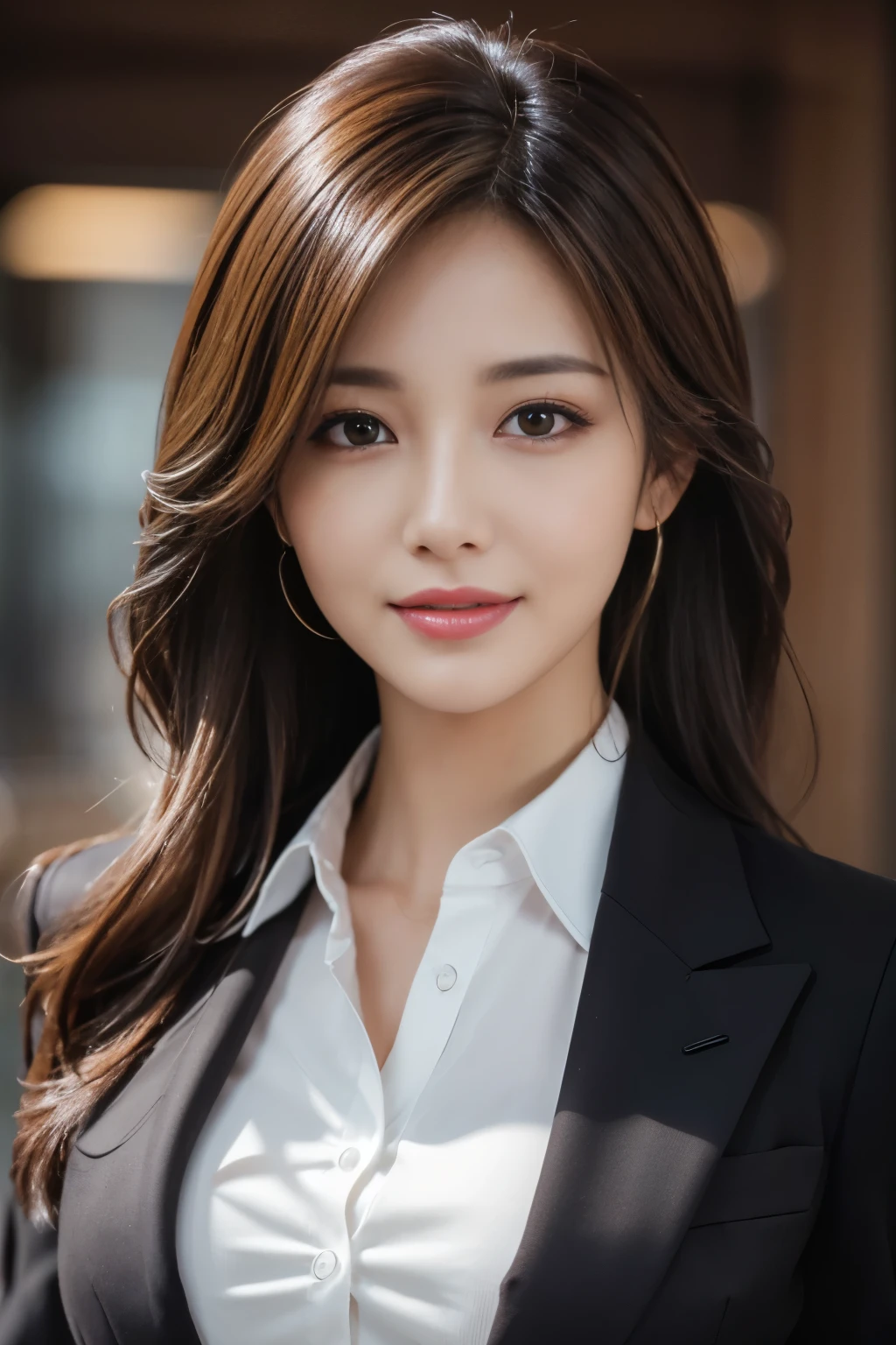 table top, highest quality, realistic, Super detailed, finely, High resolution, 8k wallpaper, 1 beautiful woman,, light brown messy hair, wearing a business suit, sharp focus, perfect dynamic composition, beautiful and detailed eyes, thin hair, Detailed realistic skin texture, smile, close-up portrait, model body shape