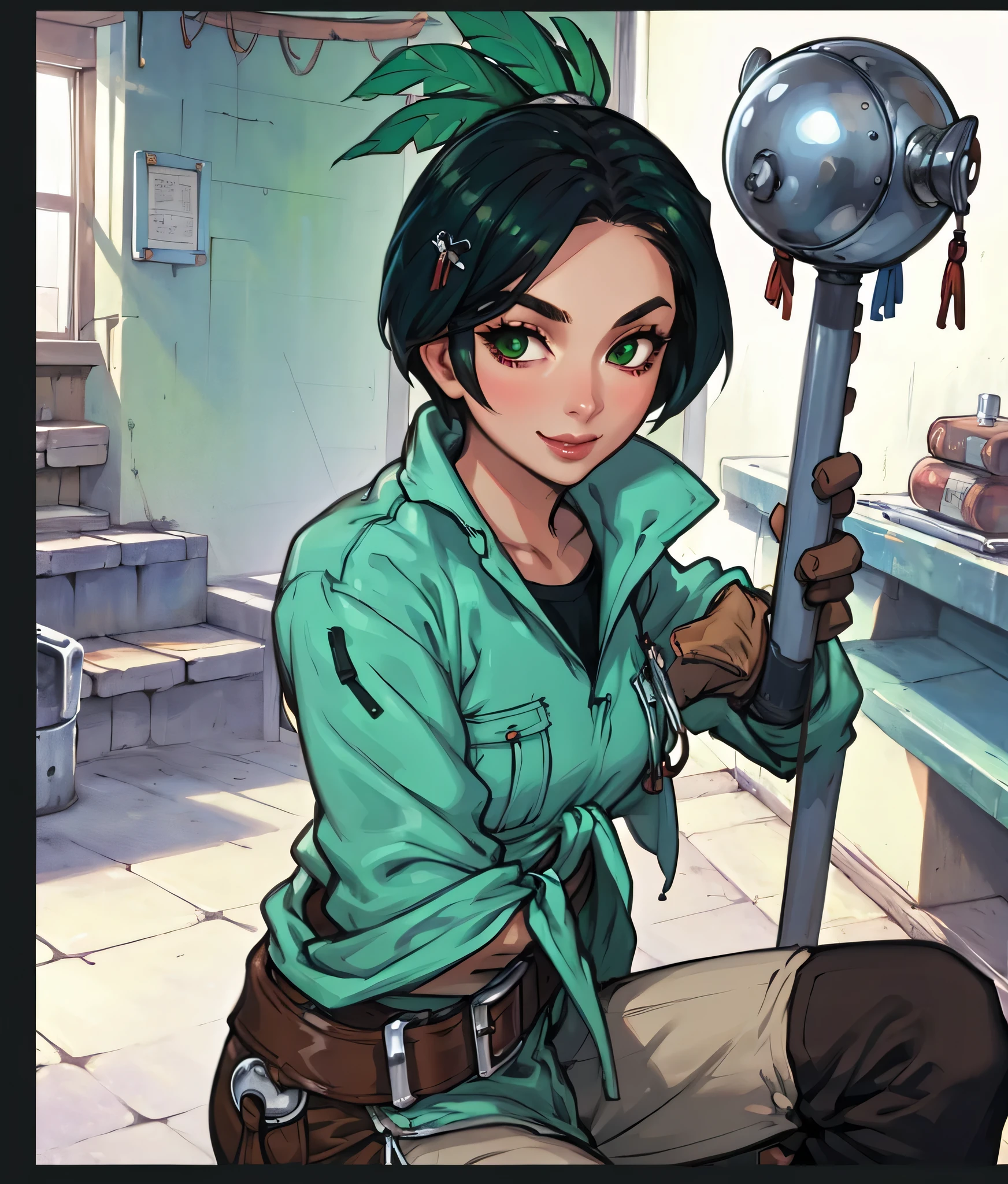 masterpiece, anime screencap, 1girl, solo, short hair, feather ornament, black hair, green shirt, black pants, gloves, boots, sitting, smile, drinking, beer, indoors, tavern, full body, cowboy shot
