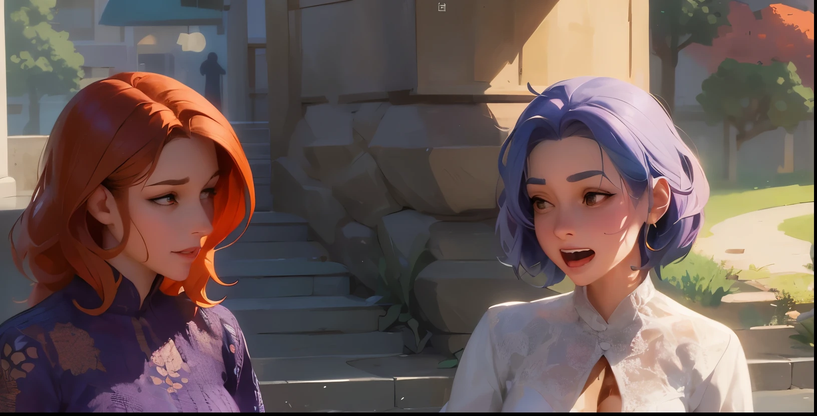 por favor cambiar expresiones de la cara poner preocupacion risa alegria seriedad molestia enjohay dos mujeres paradas una al lado de la otra en una caricatura, artgerm y lois van baarle, moebius + Lois + Oh!, plano medio de dos personajes, primer plano del arte del personaje, Rhads y Lois Van Baarle, artgerm y atey ghailan, Arte conceptual estilizado, Lois and Oh!