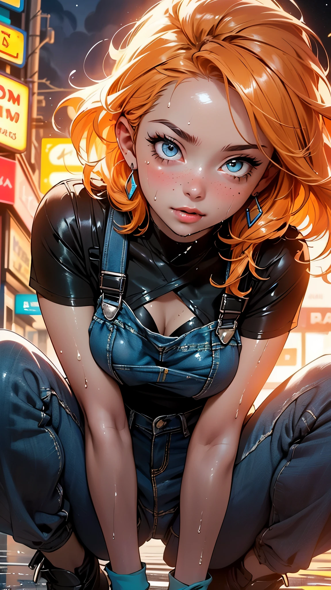 girl genie,(((1girl))),((girl with extremely cute and beautiful hair)),
(large breasts:1.4),(((orange hair:1.35,short hair))),(((eyes_orange:1.3))),intricate eyes,beautiful detailed eyes,symmetrical eyes,((fat)),((((lustrous skin:1.5,bright skin: 1.5,shiny skin,very shiny skin,shiny body,plastic glitter skin,exaggerated shiny skin,illuminated skin,wet legs))),(spider lower abdomen,narrow waist,wide hip,athletic body,inflated legs, thick thighs,detailed body,(detailed face)),
cute,slutty,seductive,erotic,(nsfw),
((woman mechanic wearing tattered worn-out stained military overalls)), ((his only clothing is overalls)), grunge, oily, sweaty, dirty, ripped)),show skin,((wet clothes)),
(dynamic pose:1.0),((happy)),(centered,scale to fit dimensions,Rule of thirds),
cyberpunk city by the ocean at night, with bright neon signs and dark stormy clouds and puddles, scenery:1.25,nighttime, starry night, cosmos,Very dark night that makes the neon lights stand out, very bright neon lights,nighttime, starry night, cosmos,
artistic photography,(photography taken by sldr),highres, sharp focus,(ultra detailed, extremely detailed), (photorealistic artwork:1.37),(extremely detailed CG unity 8k wallpaper),((synthwave background theme)),(((vibrant colors))),intricate,(intricate background),(masterpiece),(best quality),perfect rendered face,perfect face details,realistic face,photo realistic,analog style,((intricate detail)),(((realism))),