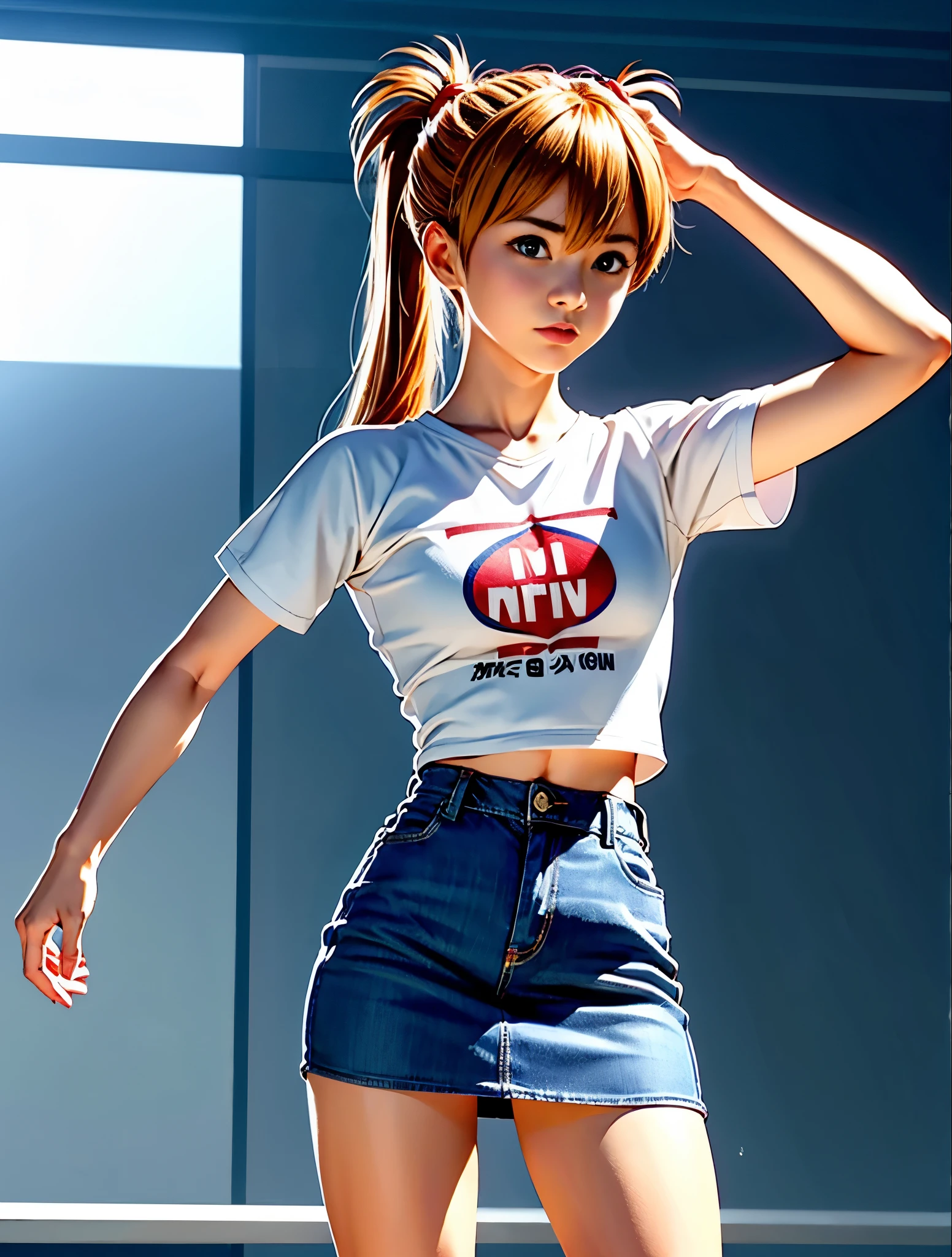 白いシャツとデニムmini skirtを着たアラッフェのアジア人女性, She opens her legs and shows her panties.、タイトなmini skirt、Asuka Langley with ponytail、Realistic anime 3d style, korean girl, mini skirt、wears tight and simple clothes, casual clothesを着ている, realistic!!!!!!! art style, 超mini skirt、tight shirt, wearing tight shirt, Arab Asian woman with gorgeous long hair and white shirt, デニムのmini skirt、超mini skirt、デニムのmini skirt、casual clothes装, casual clothes, wearing a crop top, tight shirt, wears tight and simple clothes, wearing a torn crop t-shirt, white trendy clothes, wearing casual clothes装, ( ( ( wearing jeans ) ) ), 韓国の女性フmini skirt、mini skirt、Denimini