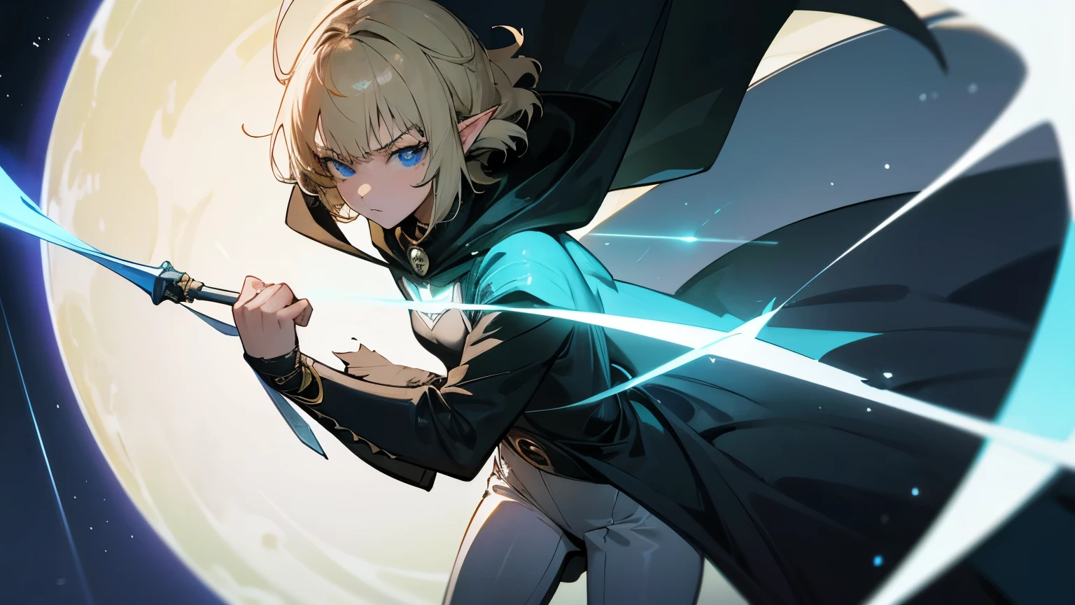 1girl, elf, Tall, Pale, Guarded, Slender, Small Breasts, Pretty Face, {{detailed face}}, detailed eyes, Blue Eyes, perfect eyes, short blonde hair, {{bangs}}, {Bangs}, sad, {{rapier}}, hooded cloak, black boots, slim pants, Moonlight, Grassland, zoomed in, close-up, {One Punch Man}, {Yusuke Murata}, {{very aesthetic}}, {ultra detailed}, {manga style}, extra detailed, {Intricate details}, 4k, 8k, best quality, aesthetic, highres, {anime screencap}, {letterboxed}