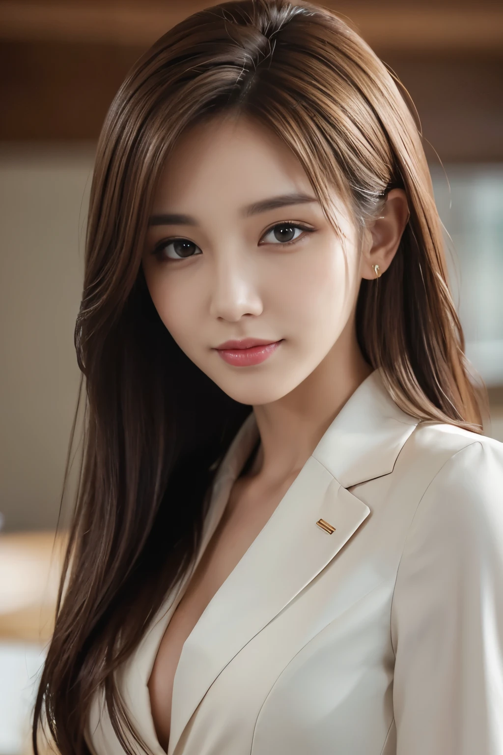 table top, highest quality, realistic, Super detailed, finely, High resolution, 8k wallpaper, 1 beautiful woman,, light brown messy hair, wearing a business suit, sharp focus, perfect dynamic composition, beautiful and detailed eyes, thin hair, Detailed realistic skin texture, smile, close-up portrait, model body shape