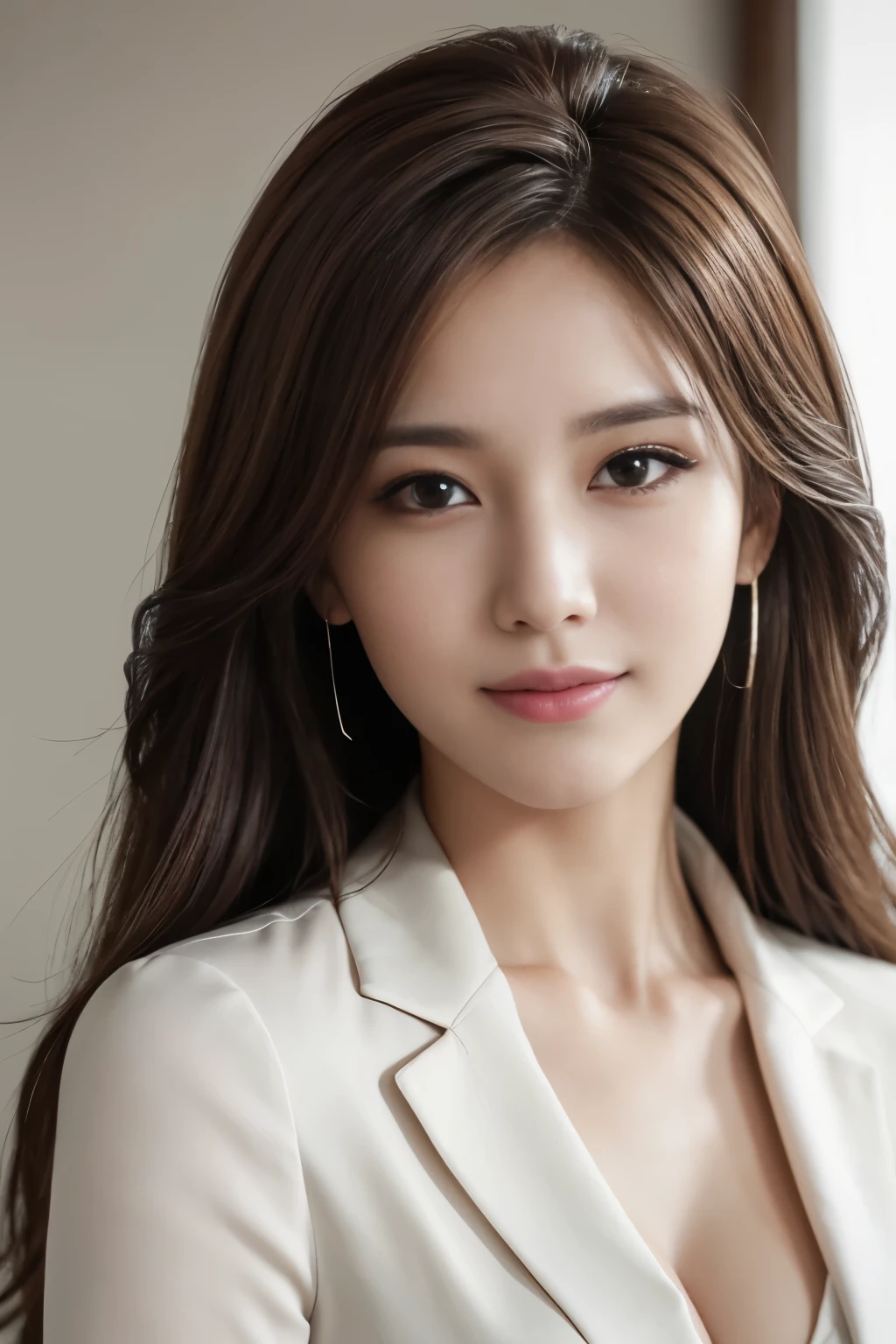 table top, highest quality, realistic, Super detailed, finely, High resolution, 8k wallpaper, 1 beautiful woman,, light brown messy hair, wearing a business suit, sharp focus, perfect dynamic composition, beautiful and detailed eyes, thin hair, Detailed realistic skin texture, smile, close-up portrait, model body shape