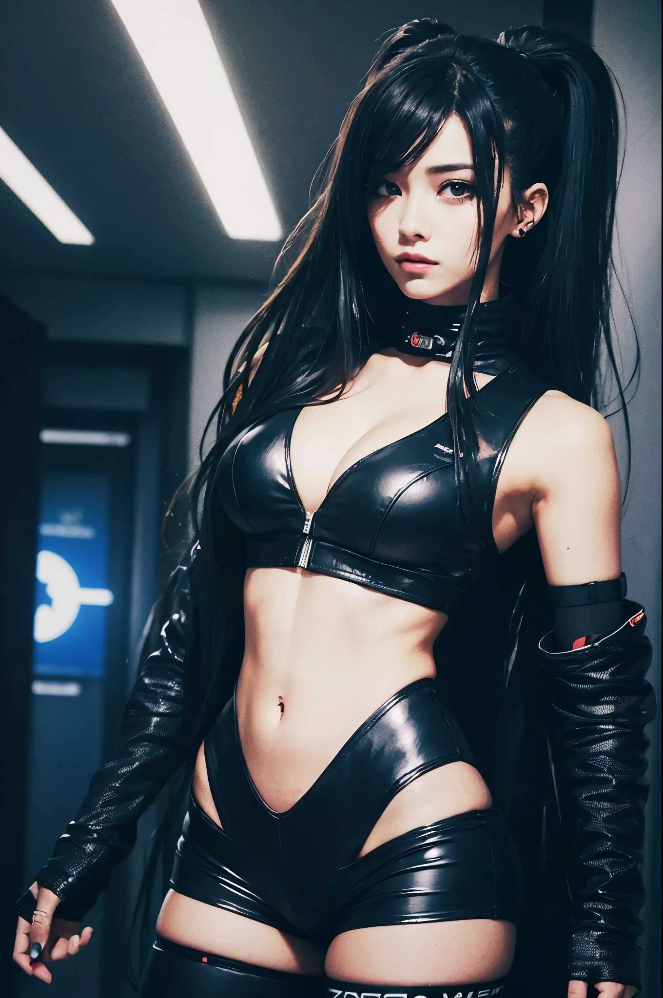 una mujer en uniforme sosteniendo una pistola y una pistola, xianxia de cuerpo completo, photograph of a woman in technological clothing, inspirado en Leng Mei, toda la ropa negra cyberpunk, con un traje de mercenario del espacio oscuro, personaje principal femenino, chica cyberpunk de pelo negro azabache, ropa de moda ciberpunk, cyberpunk 2 0 years. o model girl, ropa de moda ciberpunk
