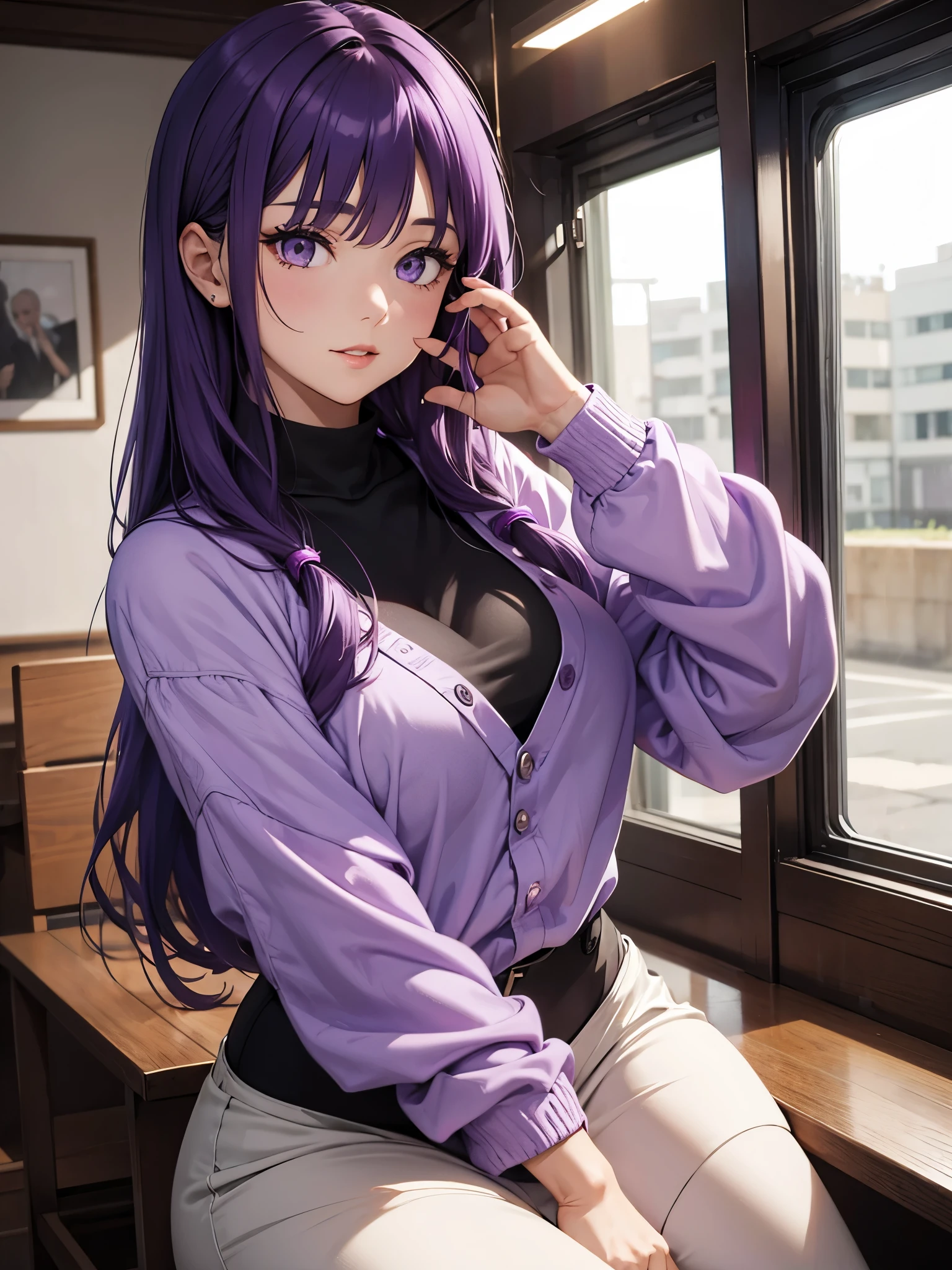 A mature girl, purple hair