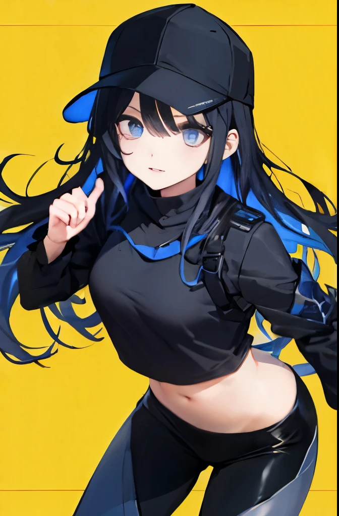 Black cap and blue lining、black tank top、It&#39;s a bellybutton、Glossy leather pants、tight clothes、long black hair、Blue mesh and inner color hair、cool beauty、sharp eyes、beautiful double eyelids