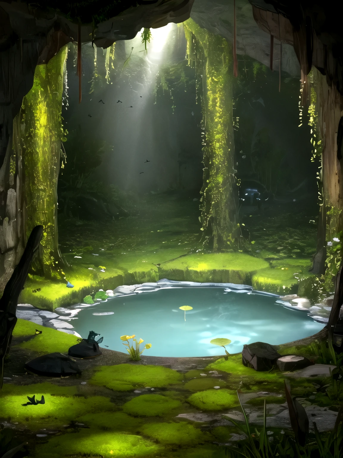 inside a dark cave、There is a pond in the center、The only light source is the light moss、lots of beetles、