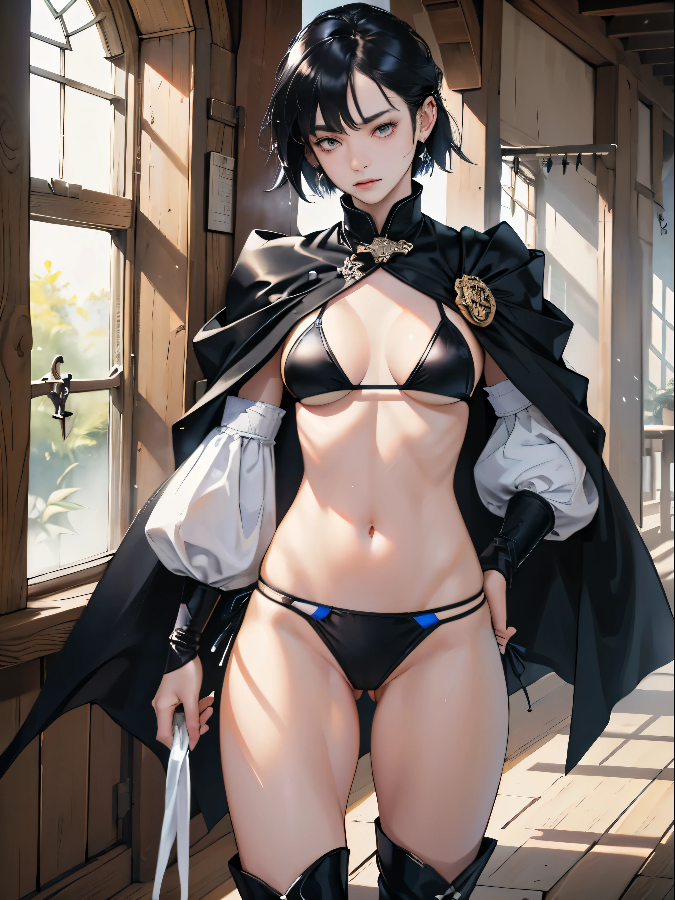(((((middle-aged women))))), masterpiece, super detailed, 8K portrait, RAW photo, portrait photography, highly detailed face, ((fantasy)), 1 female, (((short woman))), (((magician))), (((((nervous look))))), (((Are standing))), (((white panties))), (((((Panties with stains, Pee stains))))), (((((pussy juice))))), (((A face full of errors))), 33 years old, (((slut))), (((((Pee smell))))), (((bad smell))), (((Black little eyes))), (((black medium bob hair))), (((Sideburns hide a long face))), Larger earrings, (((white skin color))), (((((Dusky blue ultra-fit puffy sleeve bikini))))), chest pocket, (((black silk cloak))), (((little waist hip pouch))), (((leather boots))))), (((Equip a long wooden stick))), midday sun, surreal, ((((flat chest)))), (((thick thighs))), long legs, In the medieval adventurer's guild, environmental lighting, shadow details , Focus the camera on the thigh, strong wind, light fog