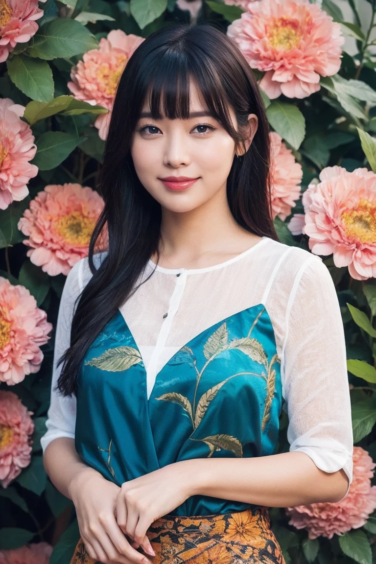 medium view, medium shot, written boundary depth, bust, Upper body, cinematic angle, masterpiece, highest quality, Super detailed, CG, 8k wallpaper, beautiful face, delicate eyes, maiden, alone, smile, bangs, skirt, shirt, have, batik dress, flower background