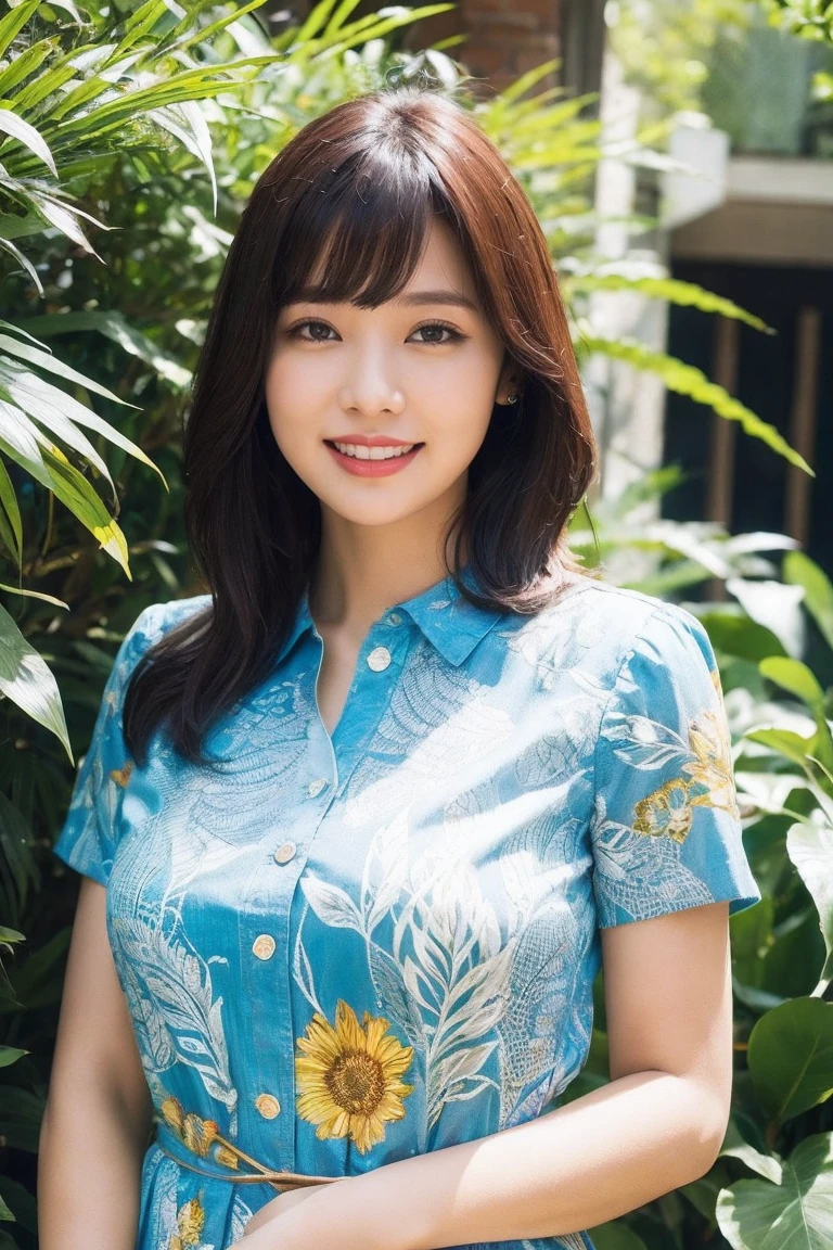 medium view, medium shot, written boundary depth, bust, Upper body, cinematic angle, masterpiece, highest quality, Super detailed, CG, 8k wallpaper, beautiful face, delicate eyes, maiden, alone, smile, bangs, skirt, shirt, have, batik dress, flower background