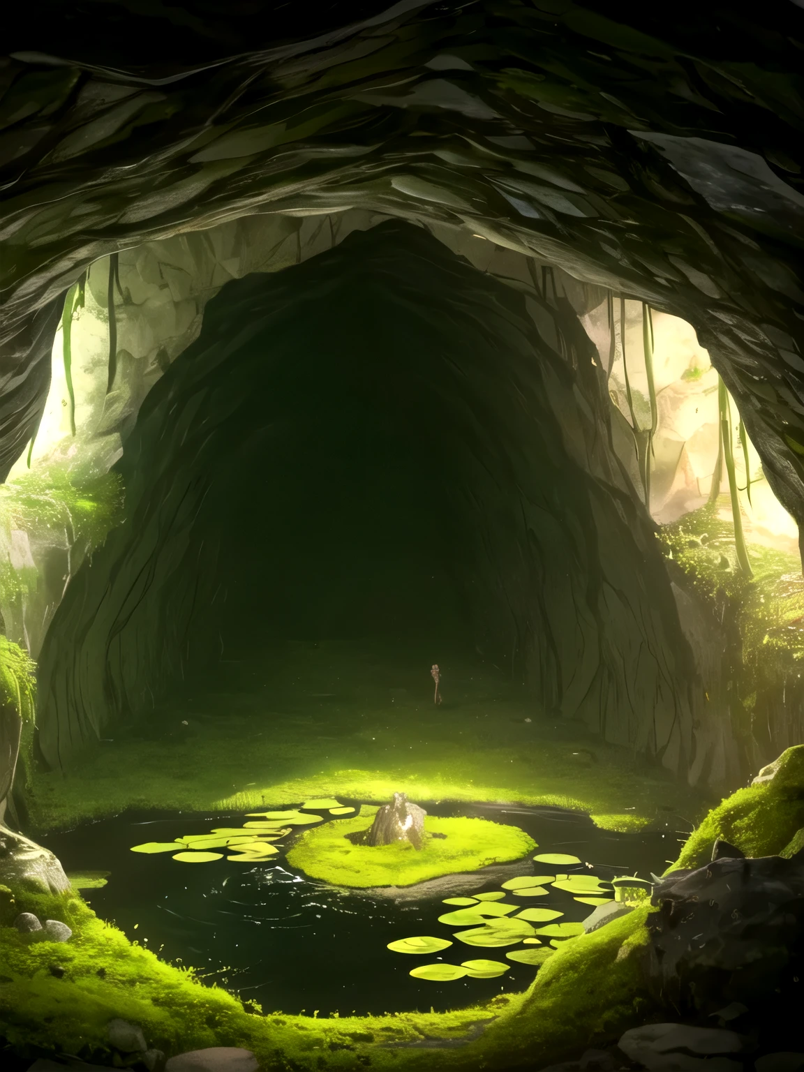 inside a dark cave、There is a pond in the center、The only light source is the light moss、lots of beetles、