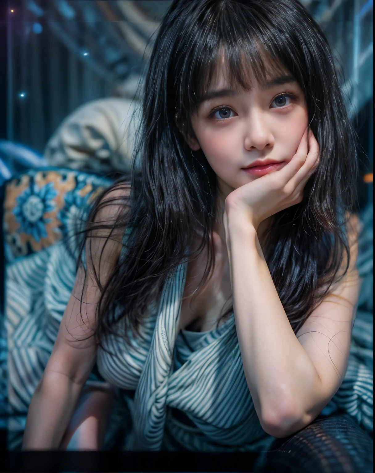 masterpiece、highest quality、cinema、(Details of both eyes)、(cute japanese woman、bangs:1.3)、23 years old、1 girl、elegant、black hair、(auraroid photo:1.2)、night、neon