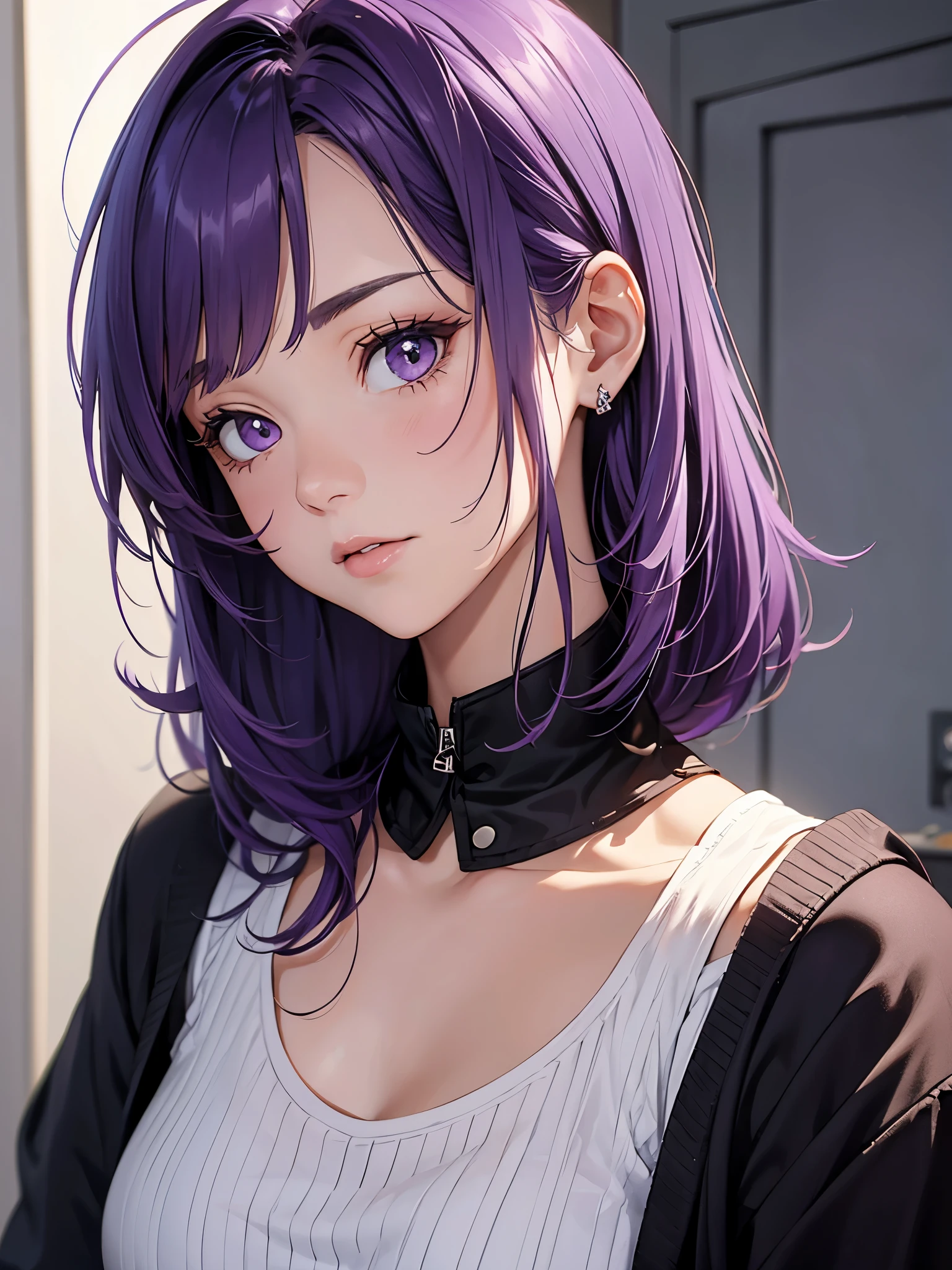 A mature girl, purple hair