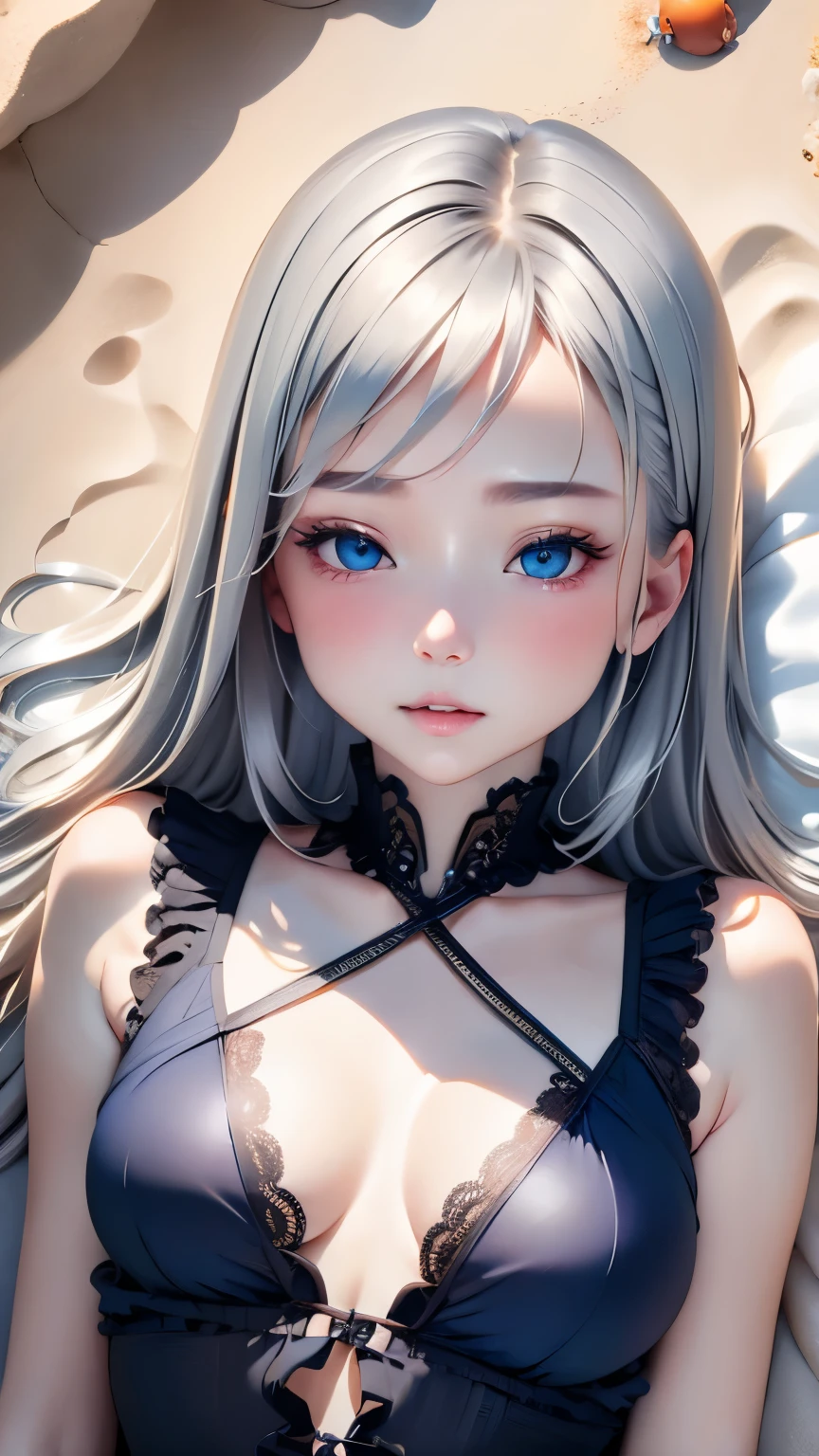 1 girl、 masterpiece, , 8k, Super detailed, 、because I'thin、(flat body:1.34)、cute、downward 、, silver hair, blue eyes, detailed beautiful face, , ,very realistic photo, ,,((lying on the beach))、(shot from above:1.23)、upper shot