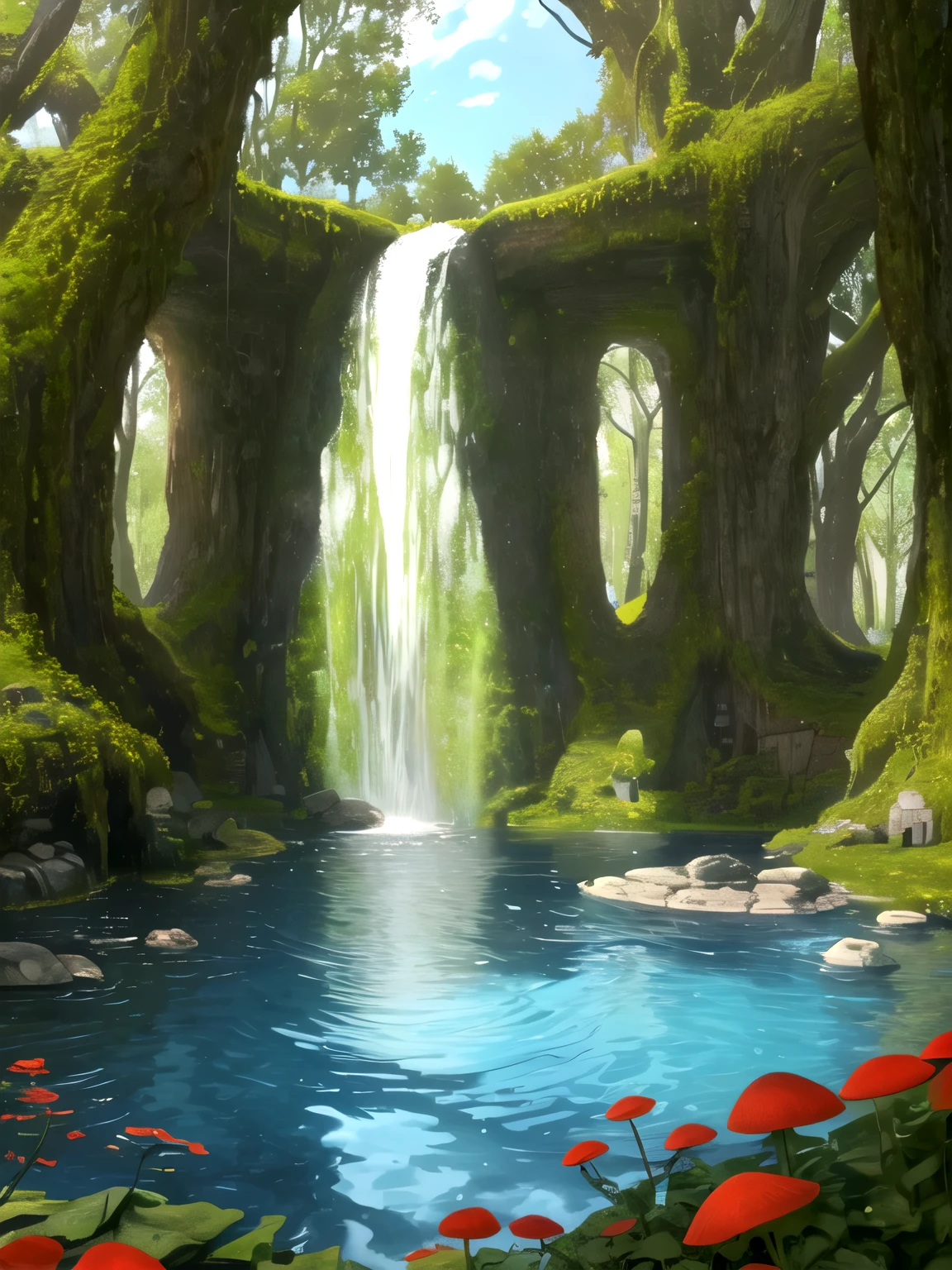This room is dome shaped、There is a pond in the center、growing from the middle of the tree、I could see the roots in the water.。There's always moss growing on the walls、There were many types of plants that didn't glow around the pool.。stubby leafless bush、Colorful flowers that look like they're growing directly from the rocks、And occasionally、There was even a giant mushroom that was as tall as me.。oh dear、if i was standing、He will be as tall as me。
There were far more beetles here than outside the aisle, though.、Still not a threat。What made me stop、There were three other creatures。With their six legs and chitinous, bulbous bodies, they may also have been beetles.、As big as a large dog、Each had a broad, flat head with a ferocious horn protruding between its eyes.。