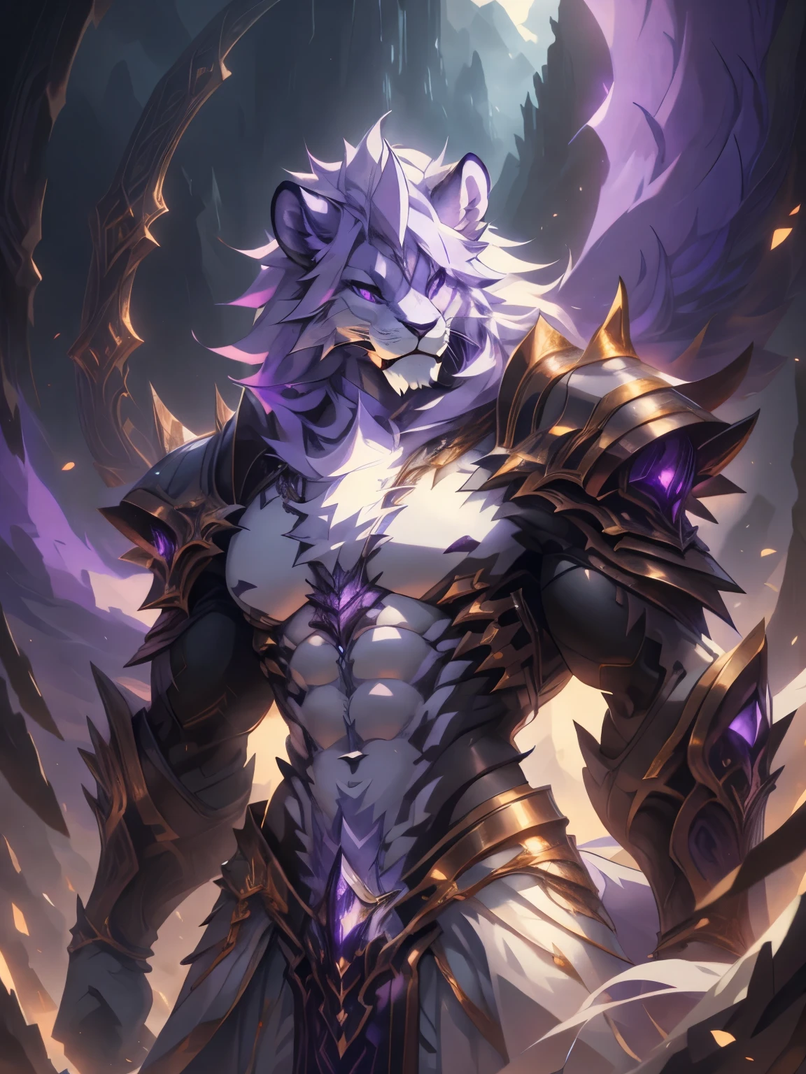 male, furry, Lion anthro, solo, white fur, Purple eyes, (Realistic eye details 1.2), V0id3nergy, abs, Masterpiece, dramatic lighting, soft lighting, day, highly detail, Hair coiled, epic fantasy art style, epic fantasy digital art style, anatomically correct, accurate, UHD, 1080P