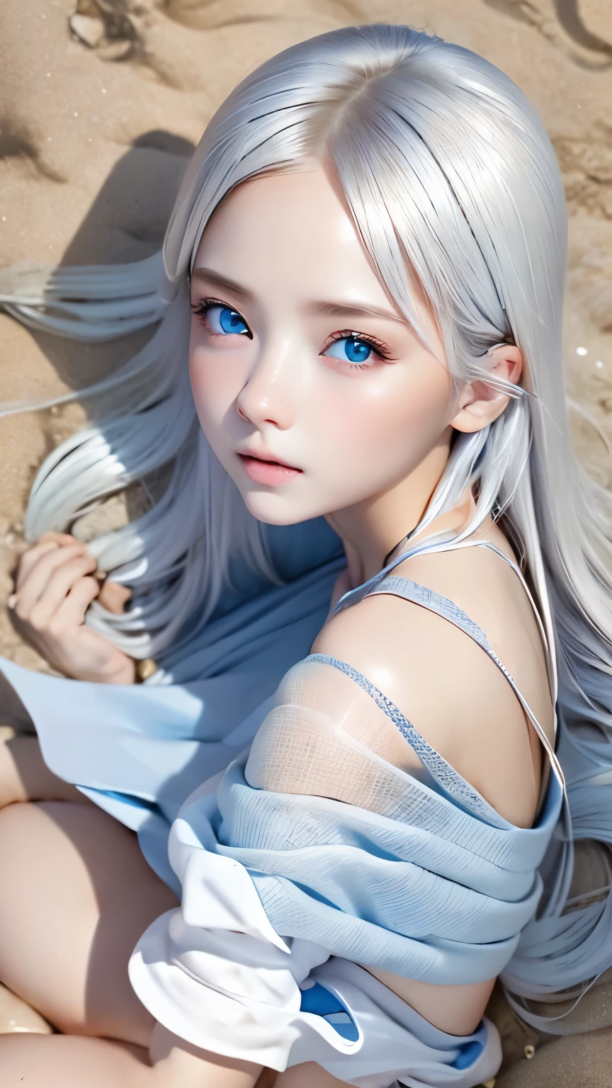 fluorescent silver hair，Nice face，Gray bikini，Heterochromatic pupil，ssmile，rays of sunshine，Full body photo，Soft metering