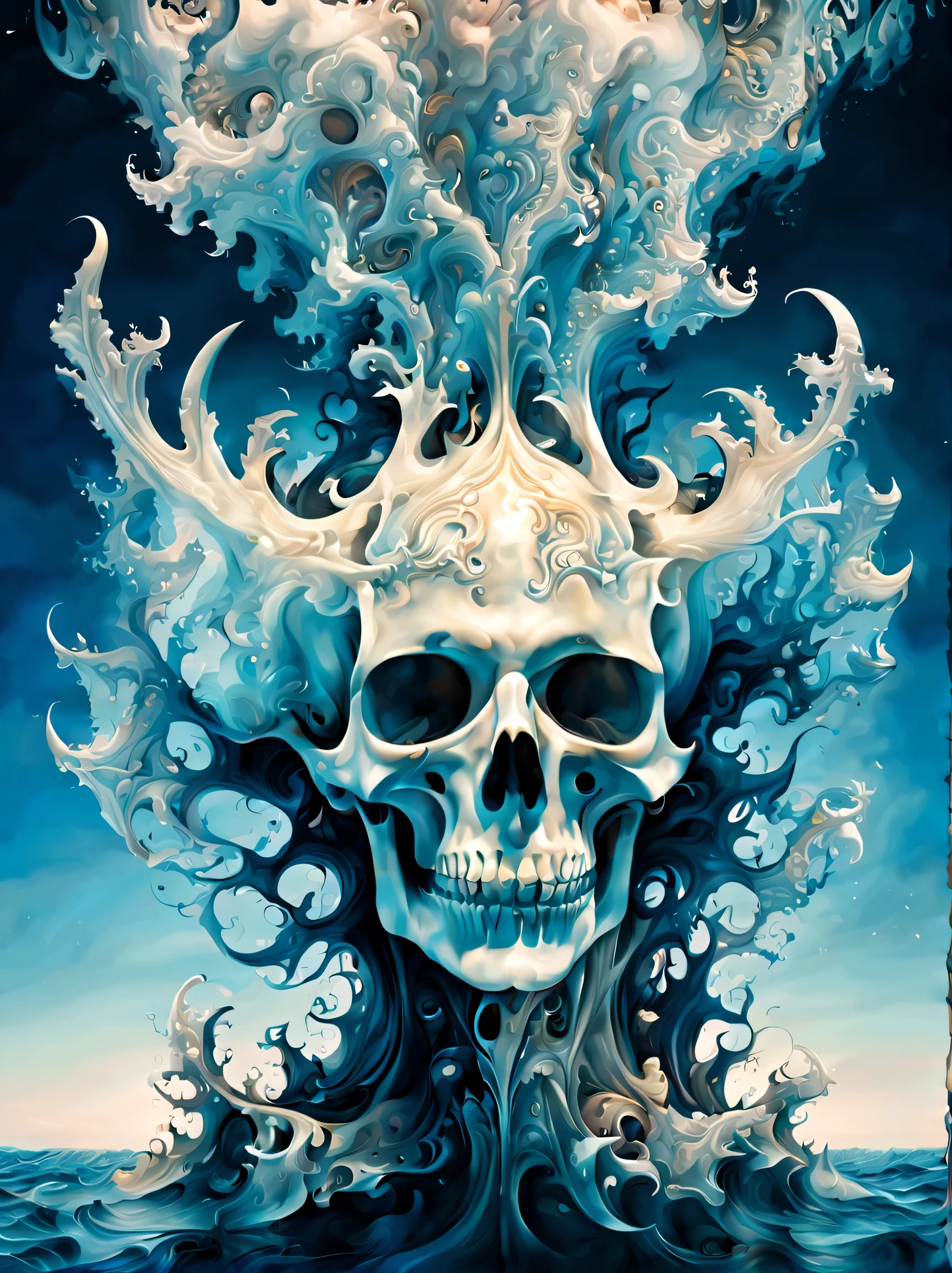 Devil on the deep blue sea behind me, vanish in the air you will never find me, i will turn your face to alabaster, when you will find your servant is your master, surreal fractal psychedelic abstract style,