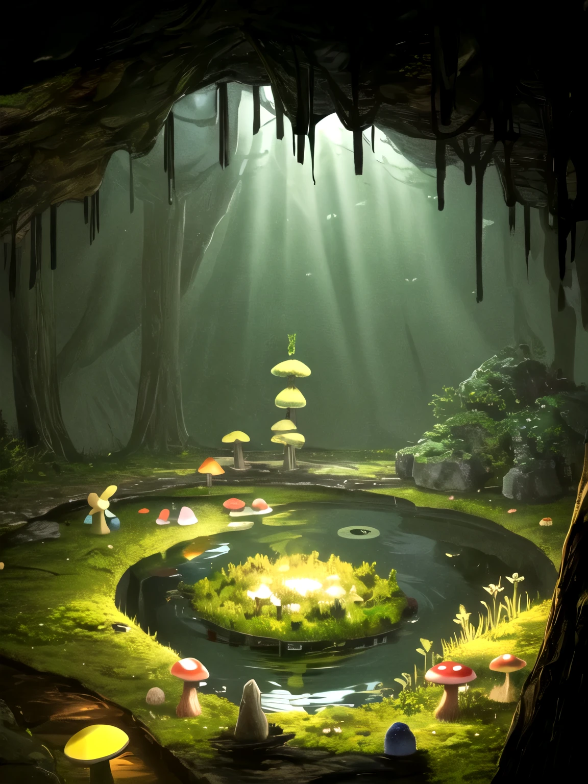 inside a dark cave、There is a pond in the center、The only light source is the light moss、lots of beetles、giant mushroom