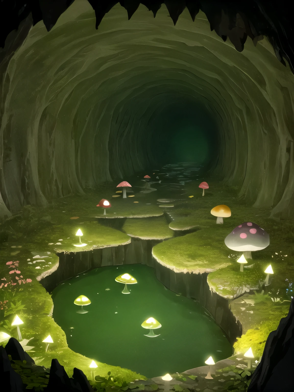 inside a dark cave、There is a pond in the center、The only light source is the light moss、lots of beetles、giant mushroom