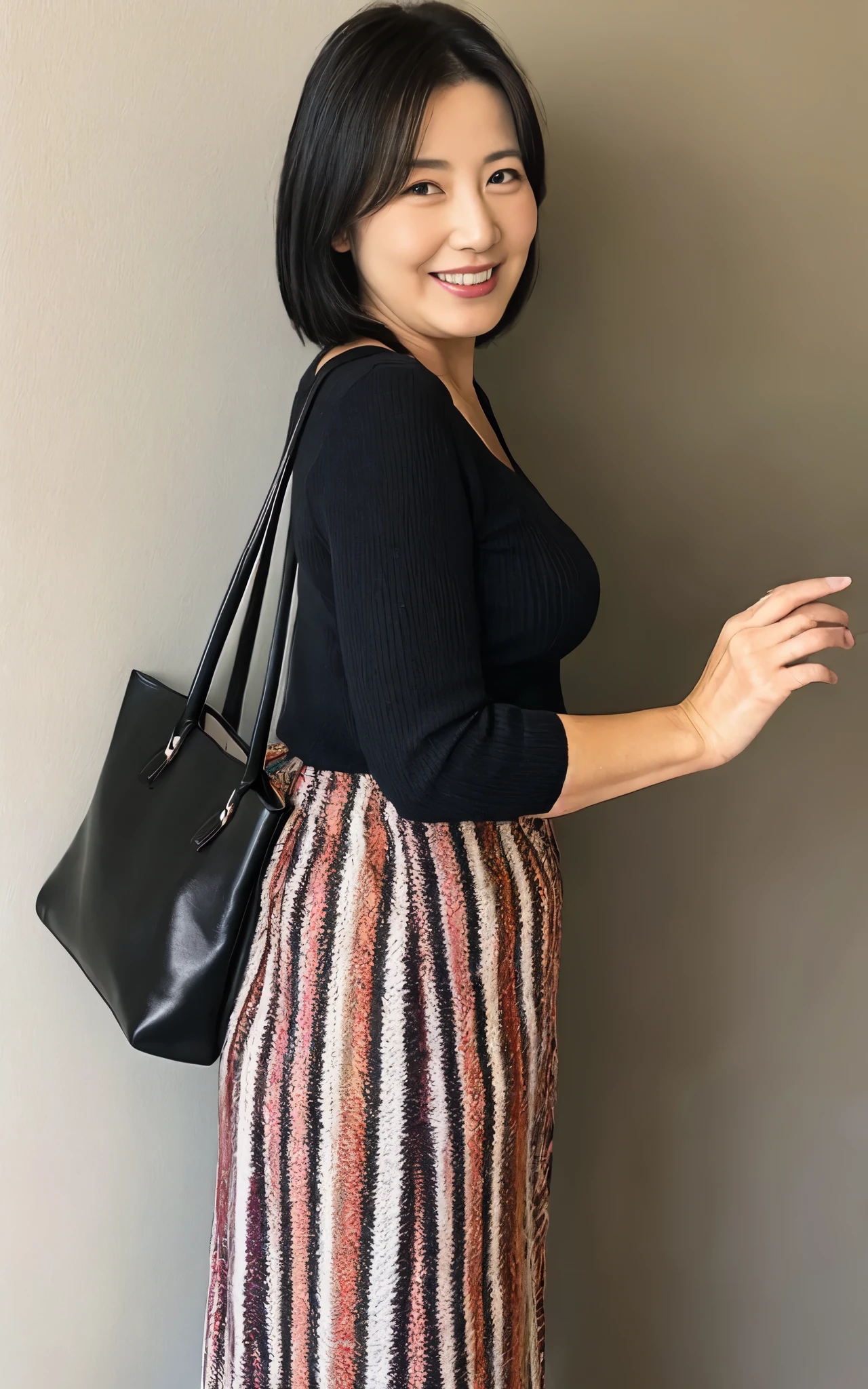 beautiful Woman, standing, She has her hands behind her back and is holding a handbag, A woman wearing a brightly colored knit and skirt, Natural wrinkles. Wrinkles at the corners of the eyes, highest quality, Mature, 45 years old, bewitching smile, woman of good style, Temptation.Looking at viewer, Black hair,Perfect fingers.