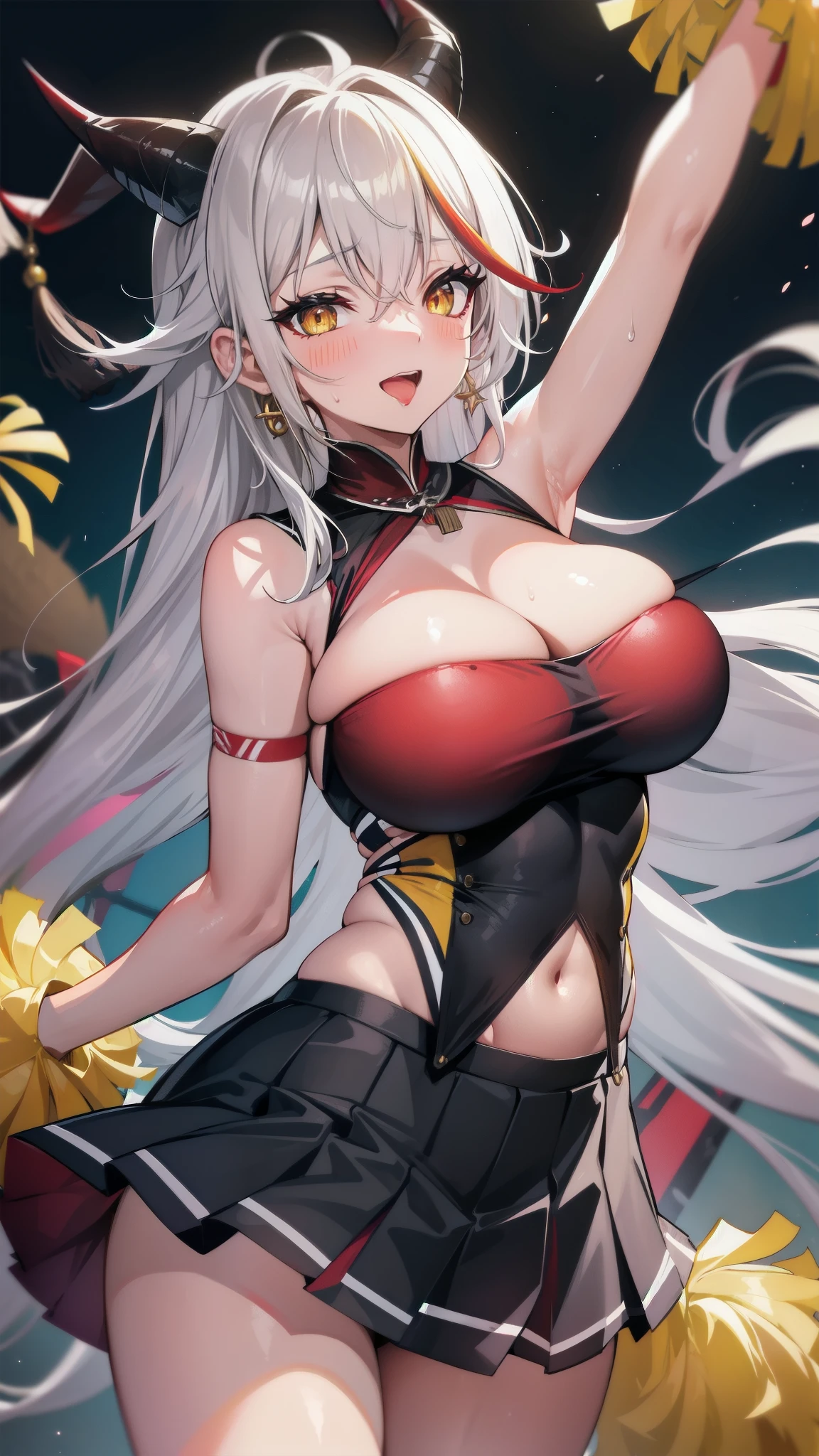 open mouth, huge breasts, looking at the audience, white hair,,long hair,black horn,red multicolored hair,yellow eyes,,slim,　,cowboy shot,,blush,bright　screen,smile,bare shoulder,cheerleader,black skirt,cleavage,standing,wet clothes,,navel,skirt,embarrassed,orgasm,ahegao,open arms,cowboy shot,sweat,pom pom