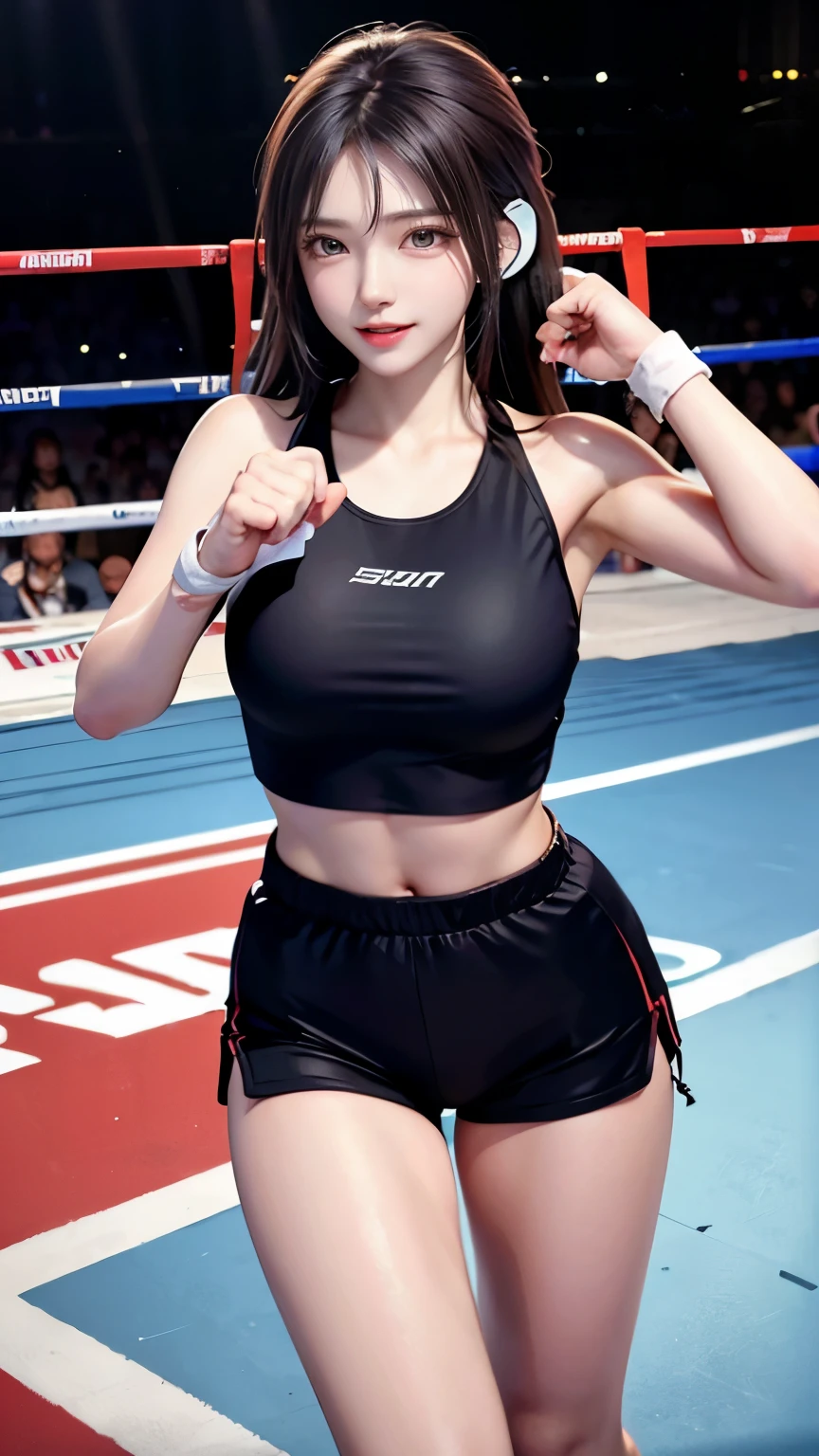 girl in sportswear、Supermodel、perfect shape、、sports girls、beautiful feet、、headphone、Innocent face、A beautiful girl in sportswear punches a man with a smile、boxing match