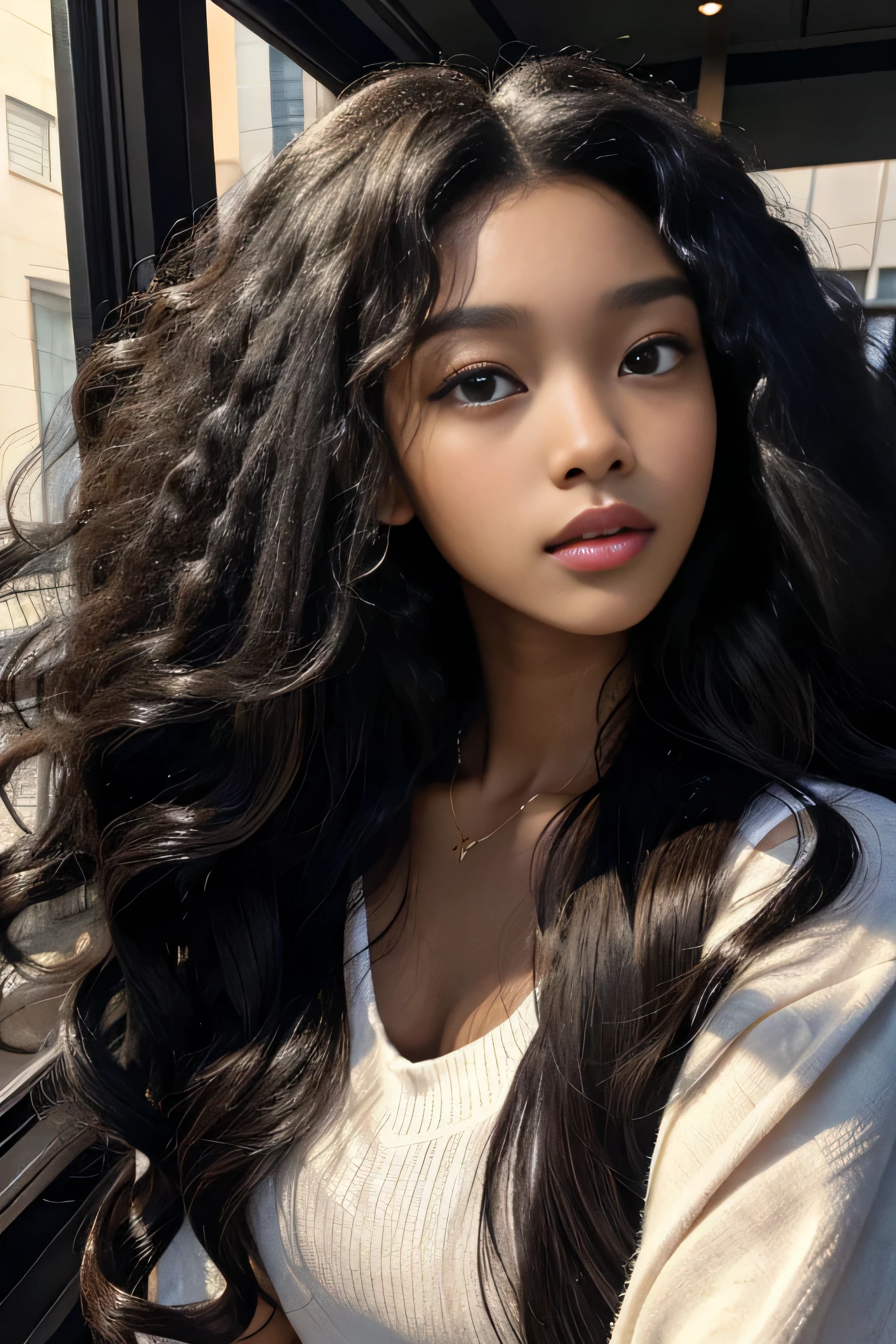 masterpiece, best quality, beautiful black and Asian mixed 19 year old, ebony skin female, long, frizzy, curly dark hair, perfect face, half body, long hair