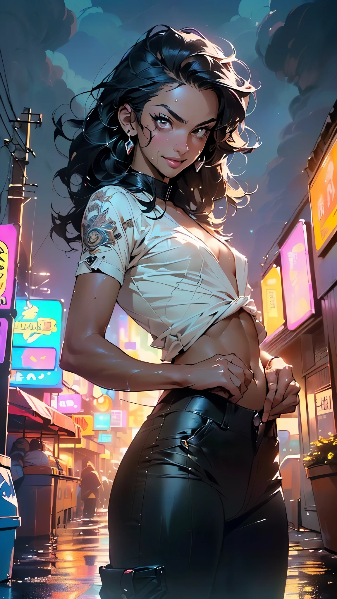 man:1.5,1 man,tracker man,(1man),((man:1.5 with long hair)),
(((1male,handsome man,male,male gender:1.5,male focuacho man,
((long black hair,detailed hair,highly detailed hair,black hair,very short beard:1.2)),(((lustrous skin:1.5,tanned skin,bright skin: 1.5,skin tanned,shiny skin,very shiny skin,shiny body,illuminated skin))),(((brown_eyes:1.2))),intricate eyes,beautiful detailed eyes,symmetrical eyes,man chest,handsome face,((muscular)),(((detailed face))),
alluring look,nsfw,
(((bare chest))),green pants,((bulge in pants)),((tracker outfit)),(wearing a tracker outfit:1.3,tracker clothes),((wet clothes,intricate outfit,intricate clothes)),
(dynamic pose:1.0),solo focus,((evil smile,evil look)),(centered,scale to fit dimensions,Rule of thirds),
cyberpunk city by the ocean at night, with bright neon signs and dark stormy clouds and puddles, scenery:1.25,nighttime, starry night, cosmos,Very dark night that makes the neon lights stand out, very bright neon lights,nighttime, starry night, cosmos,
artistic photography,(photography taken by sldr),highres, sharp focus, (ultra detailed, extremely detailed), (photorealistic artwork:1.37),(extremely detailed CG unity 8k wallpaper),((synthwave background theme)),(((vibrant colors))),(intricate background),(masterpiece),(best quality)