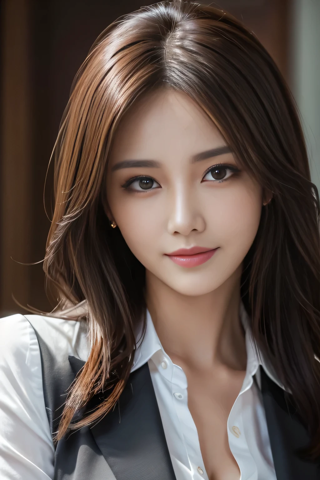 table top, highest quality, realistic, Super detailed, finely, High resolution, 8k wallpaper, 1 beautiful woman,, light brown messy hair, wearing a business suit, sharp focus, perfect dynamic composition, beautiful and detailed eyes, thin hair, Detailed realistic skin texture, smile, close-up portrait, model body shape