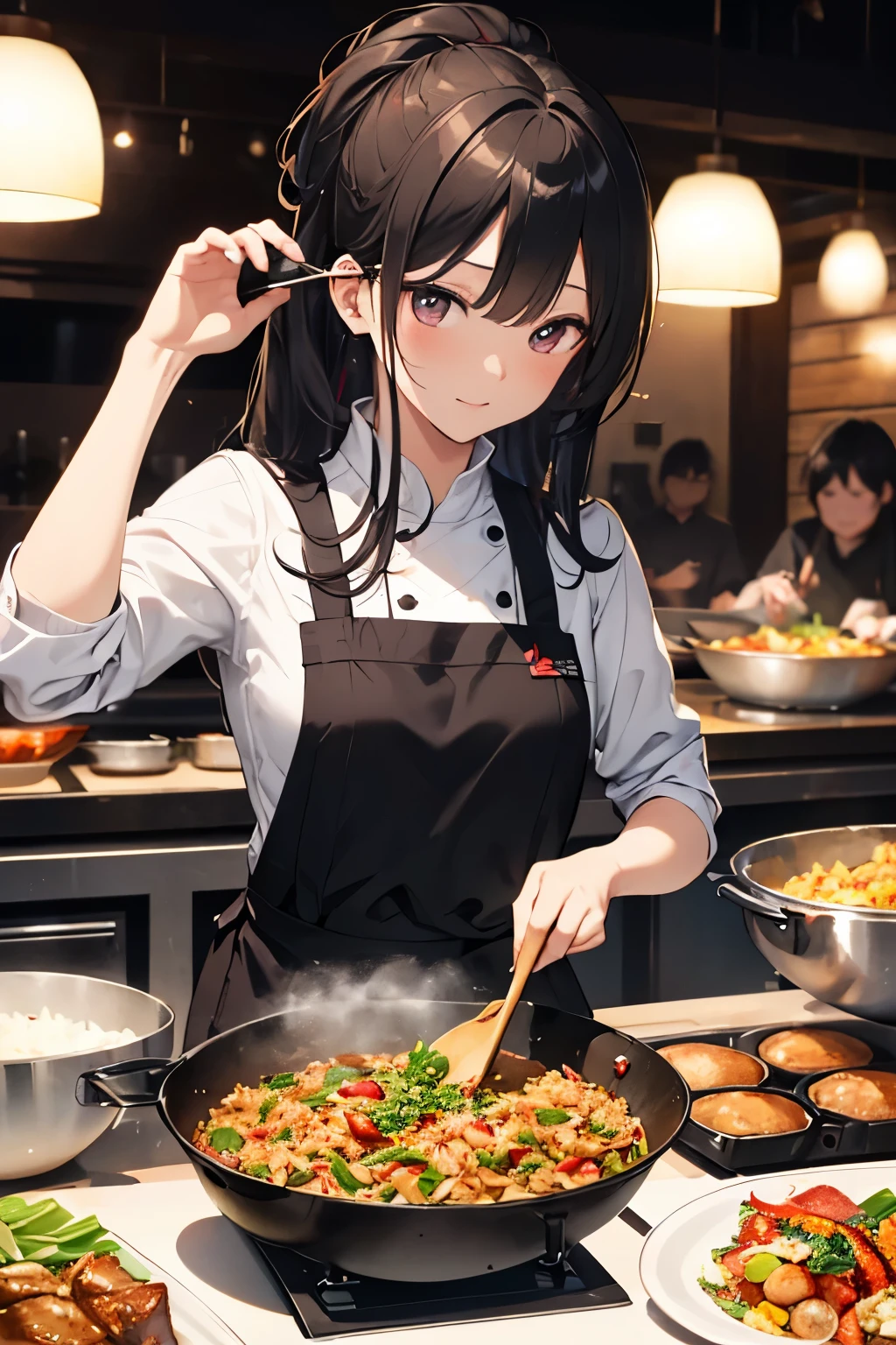 ((Photorealistic illustration: 1.5, Top-notch skills: 1.5, Masterful wok handling: 1.1, Dynamic and impressive: 1.1, Perfect timing: 1.1, Vibrant Taiwan night market: 1.1, Lively crowd: 1.1))
Immerse yourself in the captivating scene of a chubby cat chef who possesses unparalleled culinary skills. With a deft and graceful motion, the skilled feline effortlessly maneuvers the sizzling wok, seamlessly tossing and flipping the fragrant fried rice. As the rice grains gracefully dance through the air, every movement of the chef is in perfect sync with the rhythmic melody, creating a truly remarkable and dynamic cooking performance
